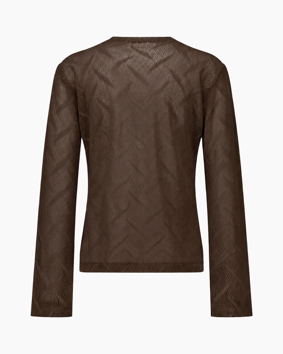 top mesh, bruine trui, lange mouwen, doorschijnende stof, textured brei