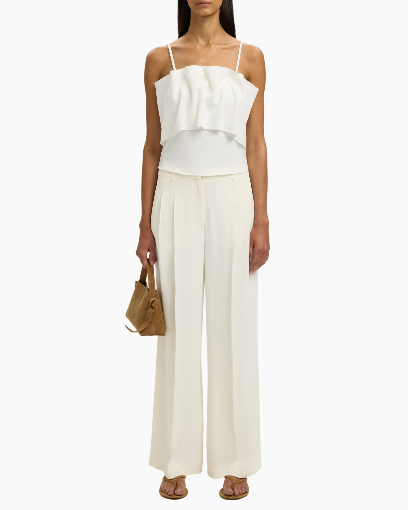 white top, ruffled top, tank top, wide leg pants, crepe fabric