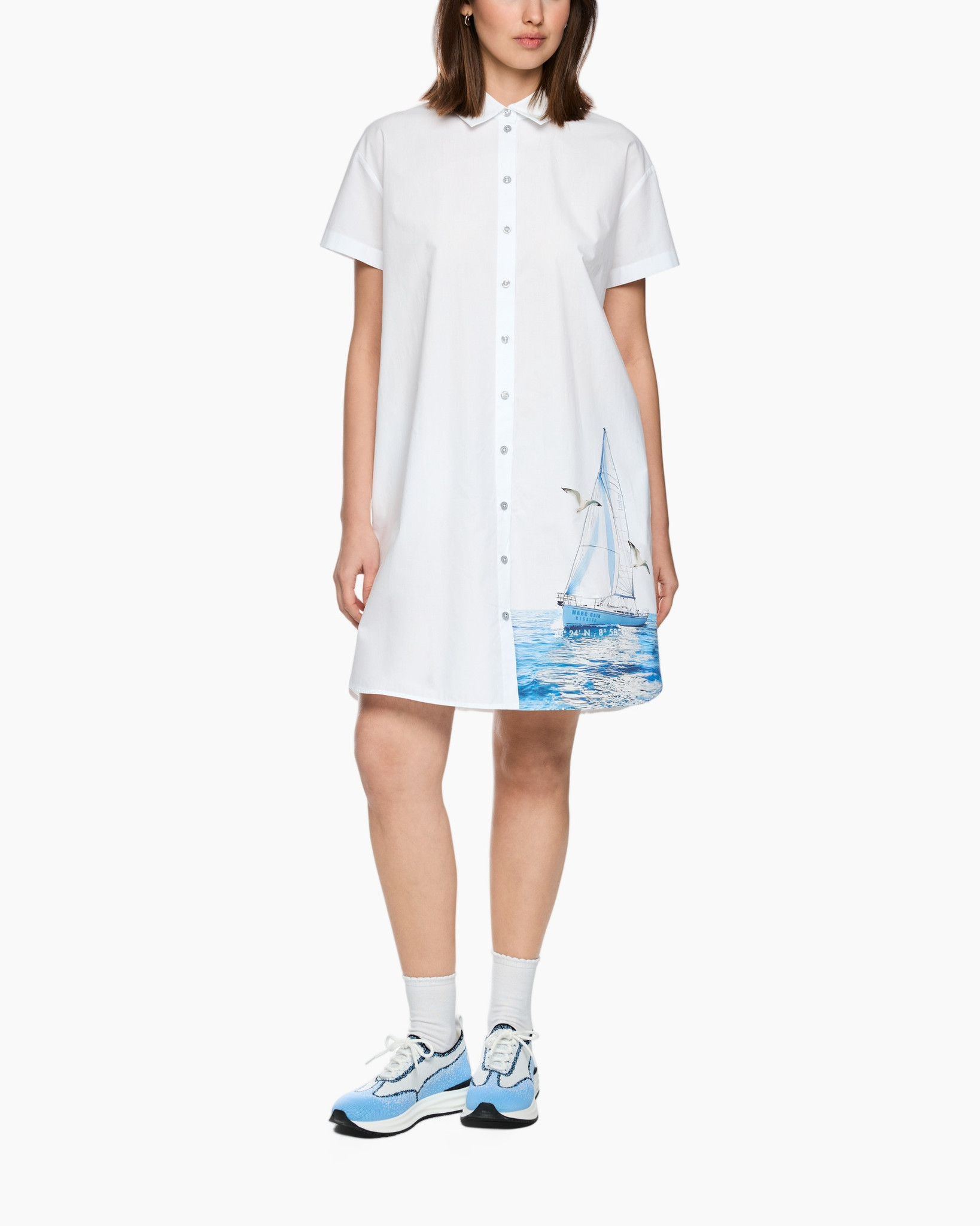 shirt dress, short sleeves, button-down, sailboat print, white
