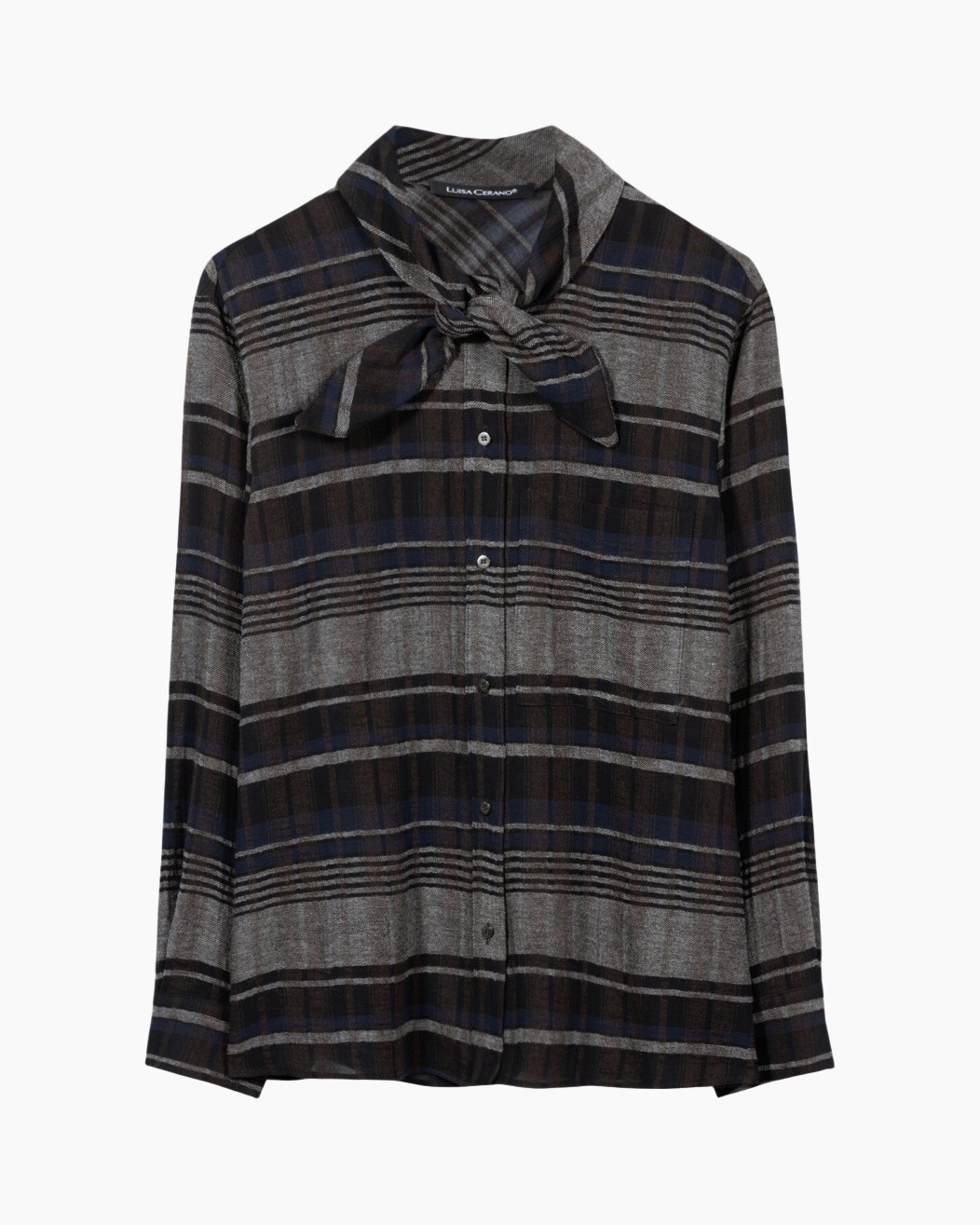 tartan, blouse, lang-sleeve, knopen-down, sjaal-iek