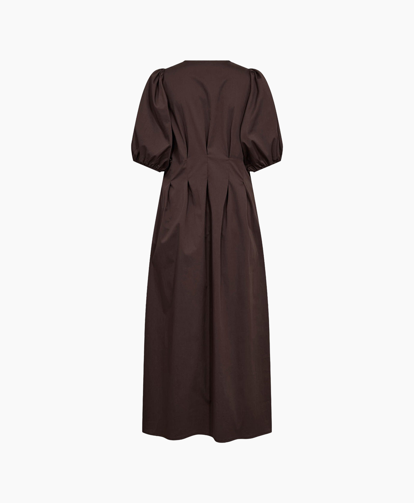 dress, mid-length, brown, puff-sleeve, v-neck