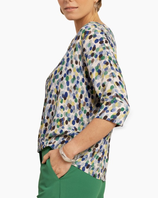 blouse, top, punt/kleurige stippen, kleurige vlekken, v-hals