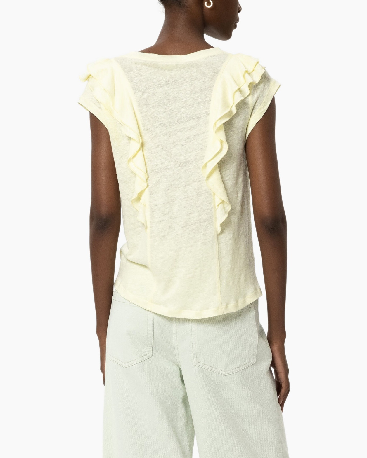 top, t-shirt, frill, zonder mouwen, geel