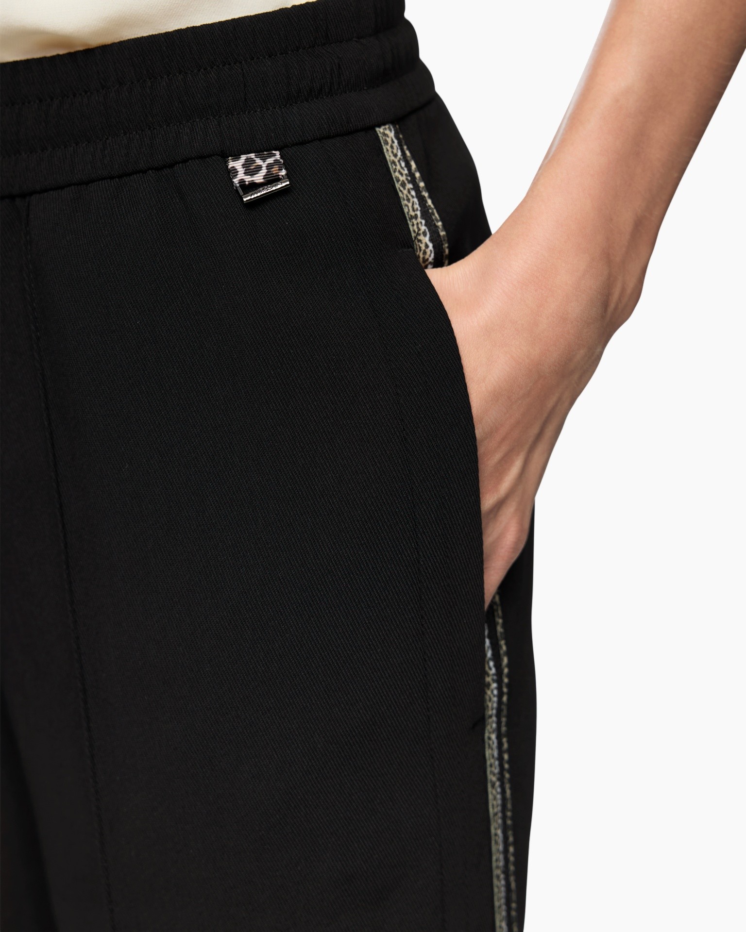 broek, zwart, zijzak, elastic waistband, versieringrand