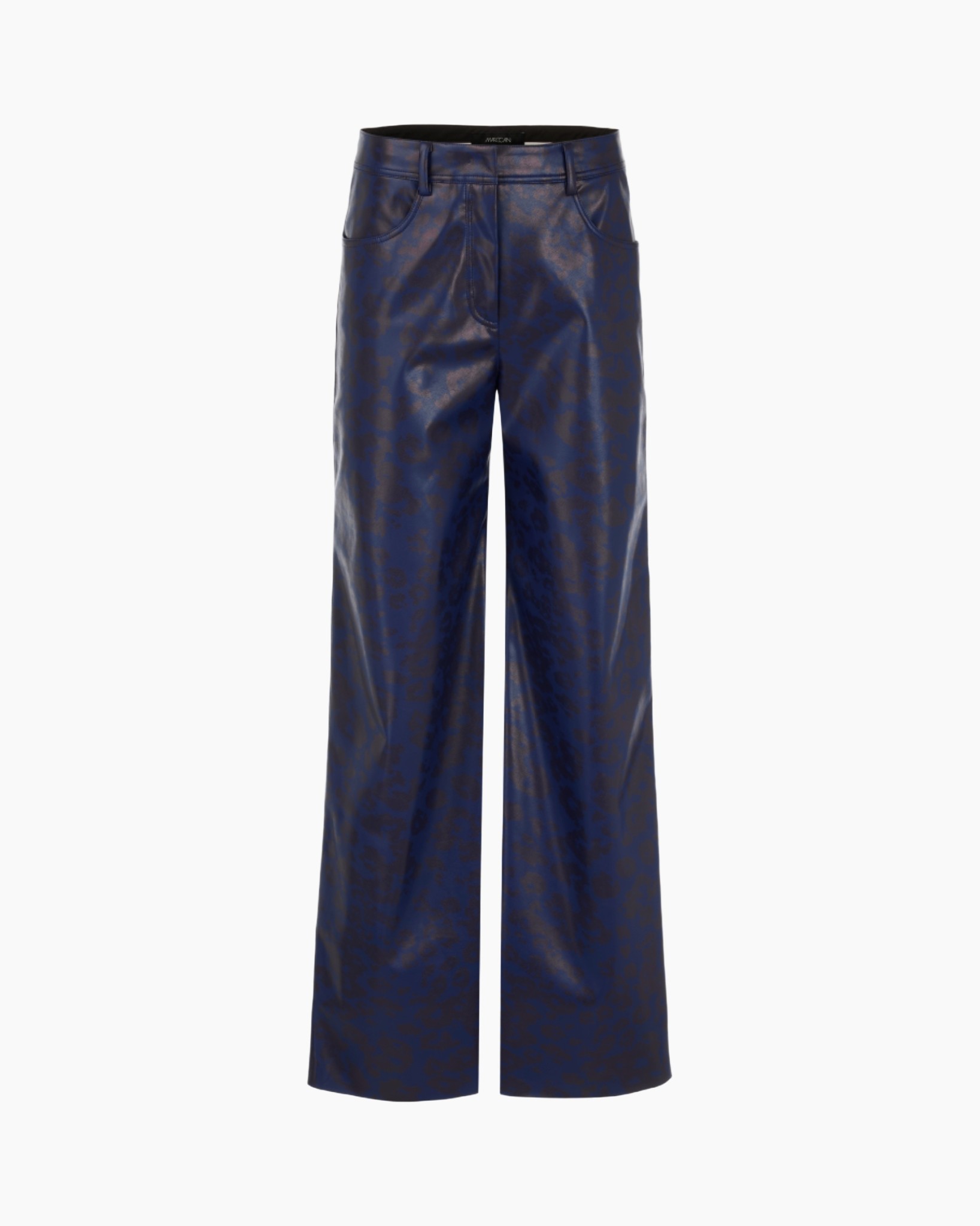 broek, pantalon, lederlook, wijdelijn, marineblauw