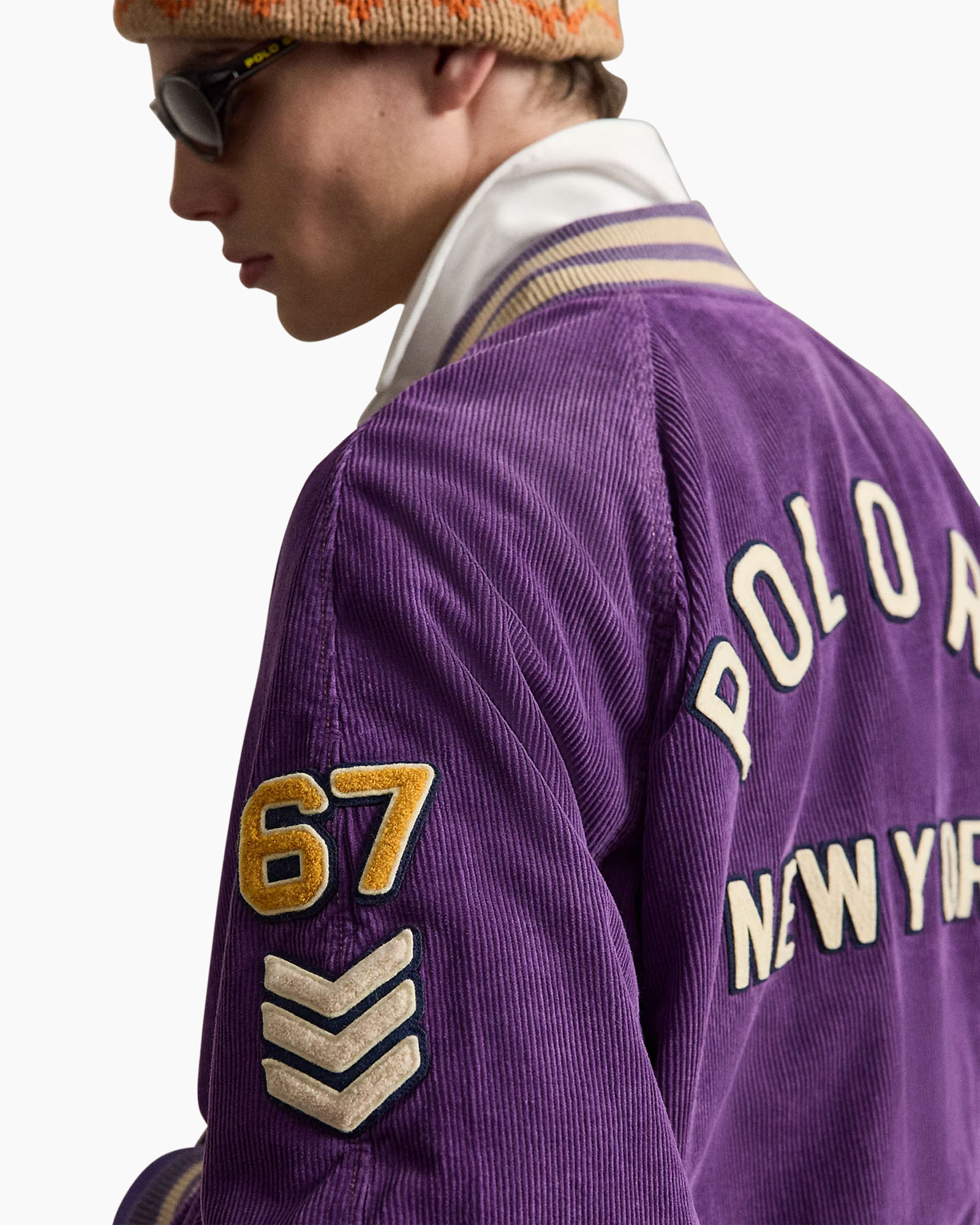 paarse varsity jas, corduroy, letters, new york, mouwpatch 67