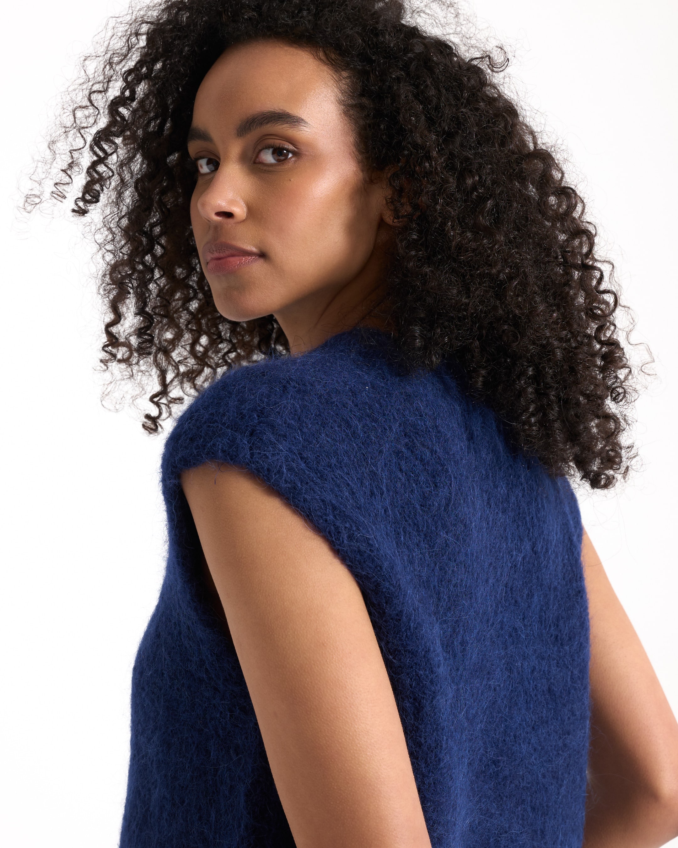 gebreide kleding, zonder mouwen, blauw, bulky, top