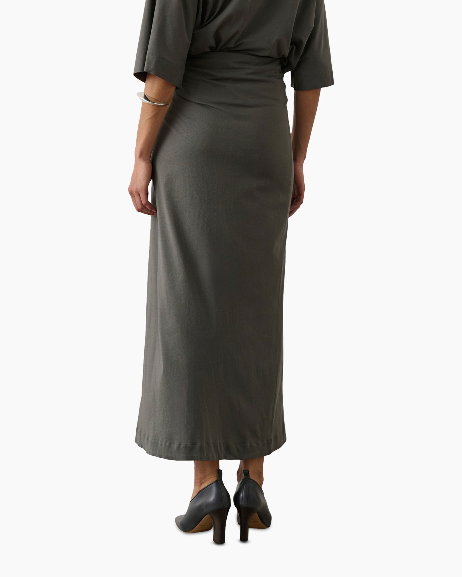 dress, wrap, ankle-length, solid, olive