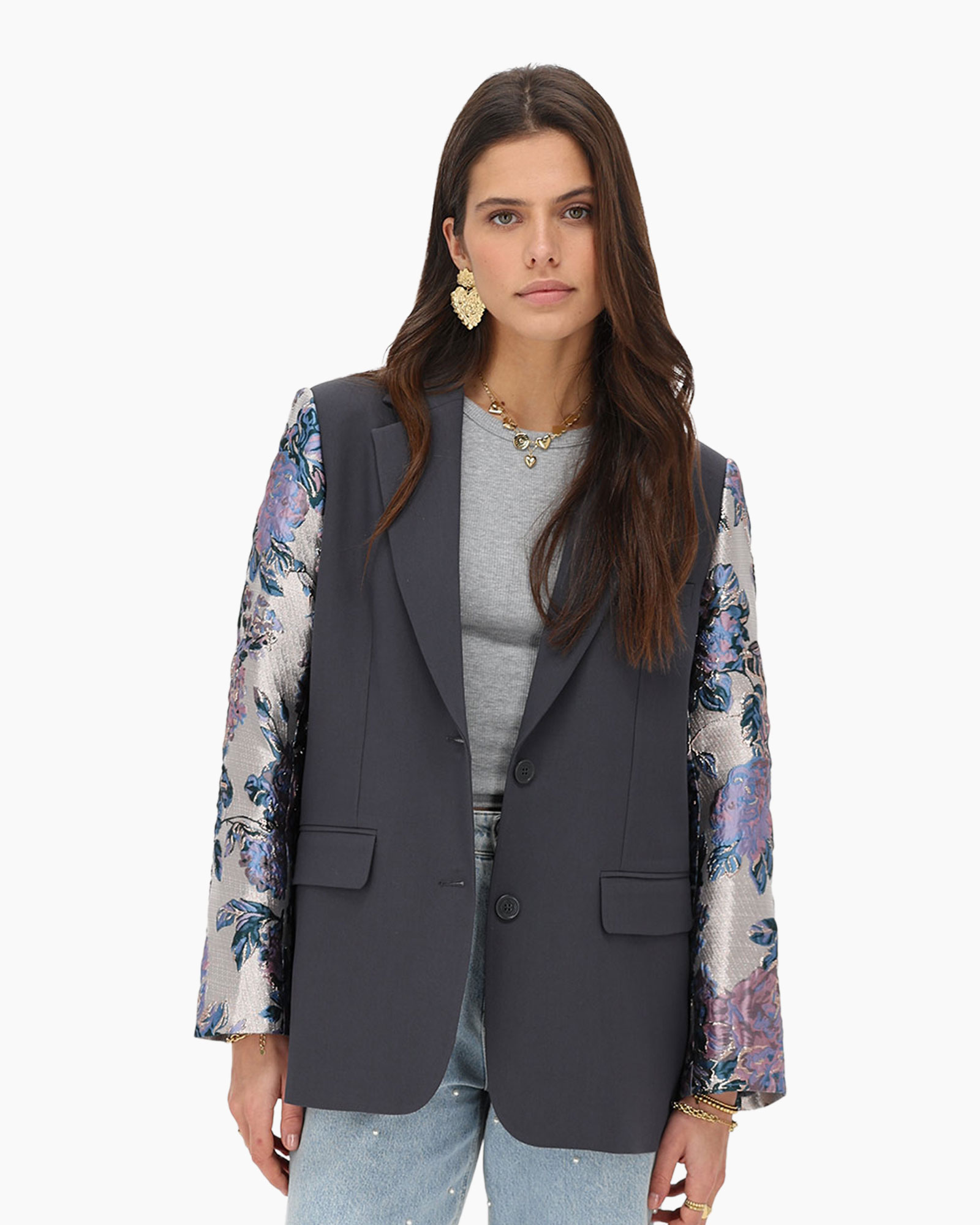 Jack Blazer With Jacquard Sleeves midden grijs