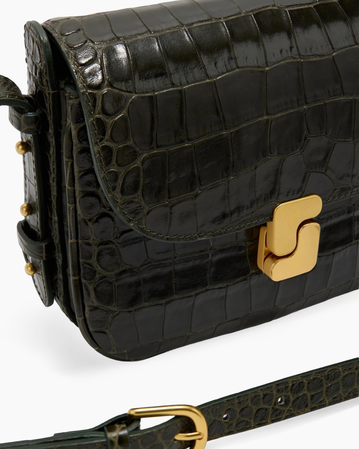 zwart, handtas, krokodillenleer patroon, gouden hardware, schouderriem