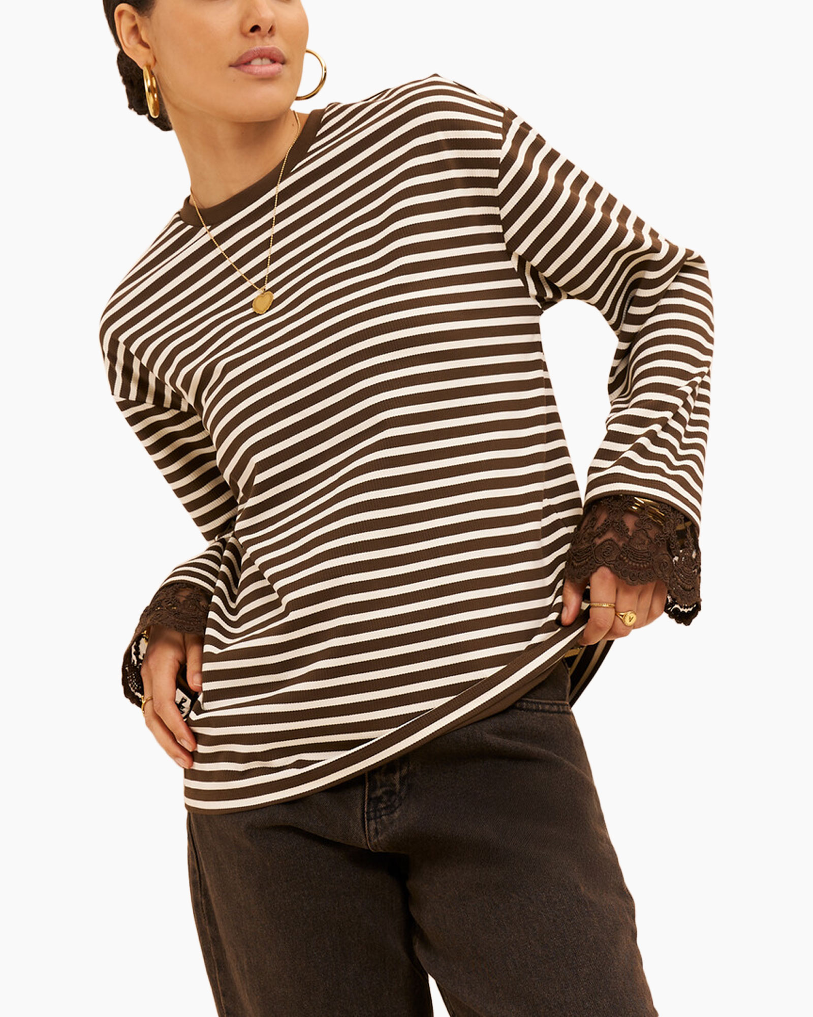 gebreide top met strepen, lange mouwen, bruin-wit, kantboord manchetten, casual pasvorm