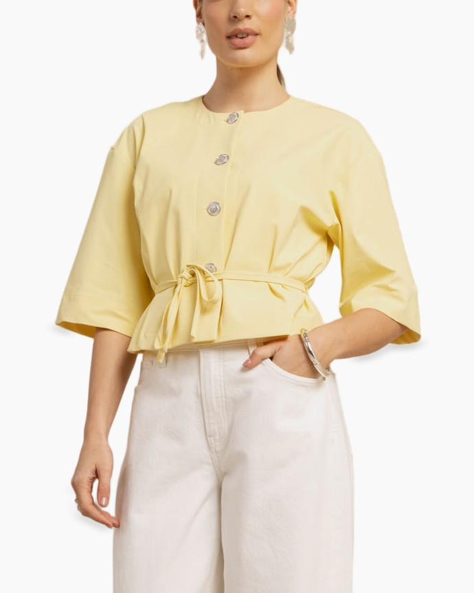 top, korte mouw, wrap, riem, geel