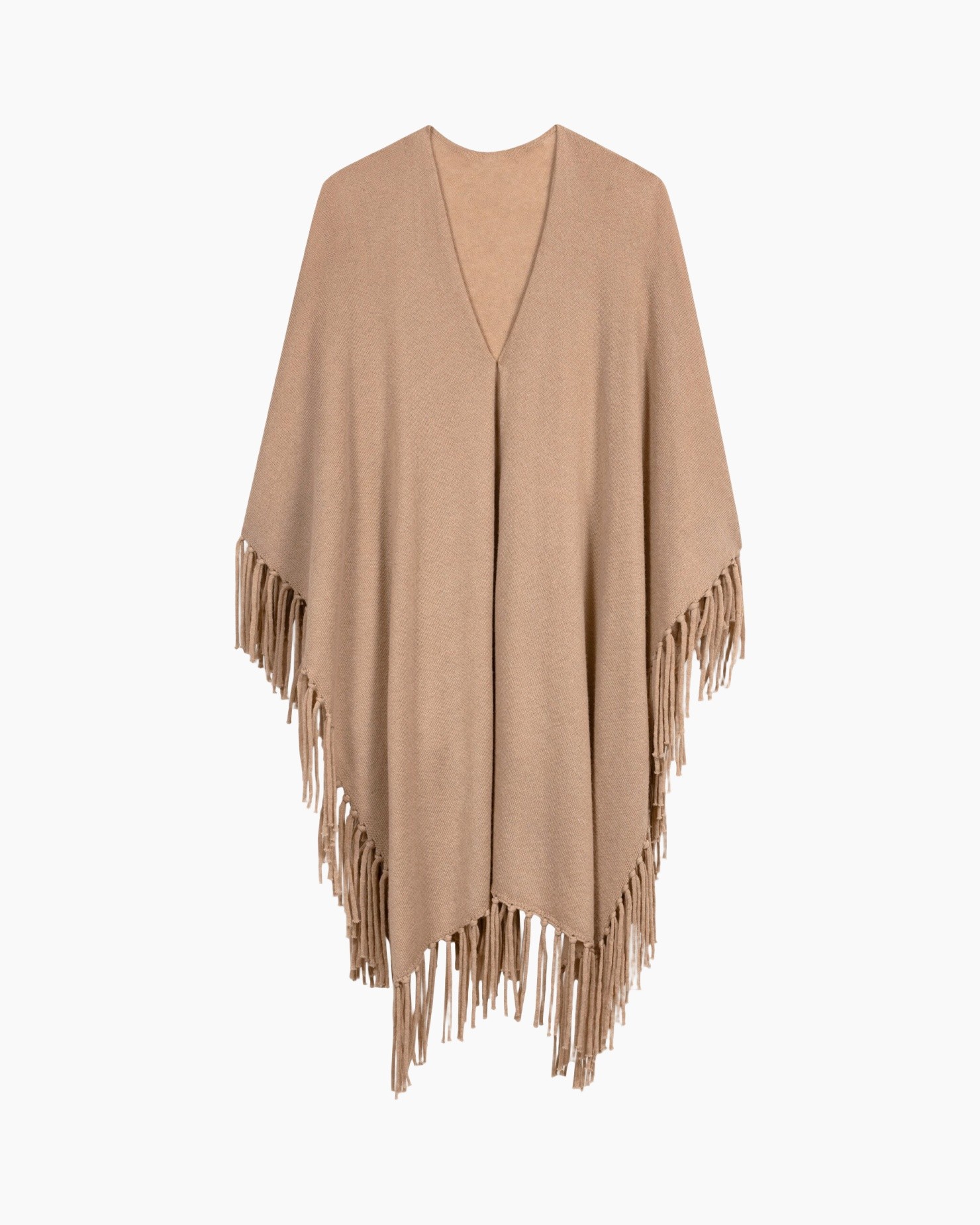 poncho, fringe, beige, brei, open-front
