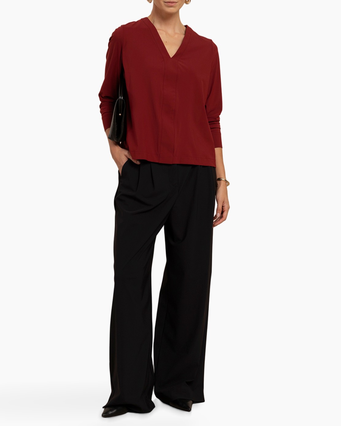 top, v-nek, rood, lange mouwen, blouse
