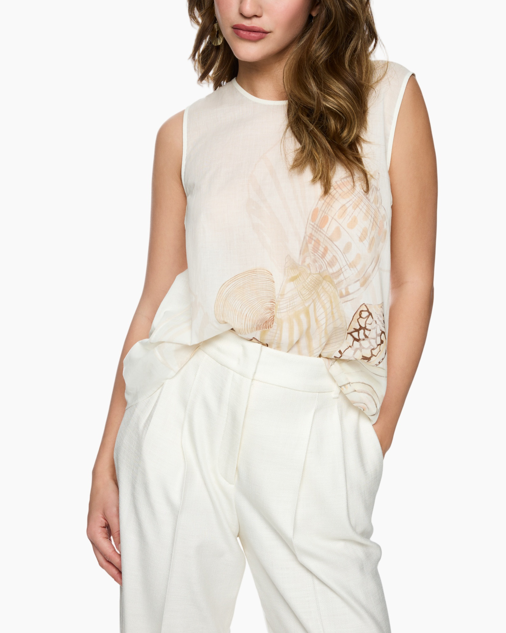 tanktop, mouwloos, beige, bloemenpatroon, linnen-achtig