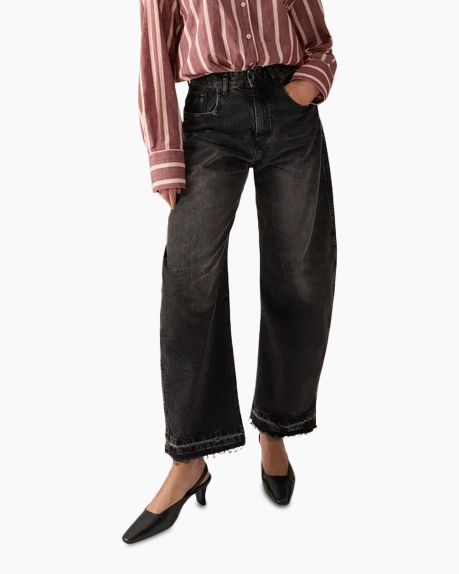 broek, jeans, zwart, wijdere leg, versleten
