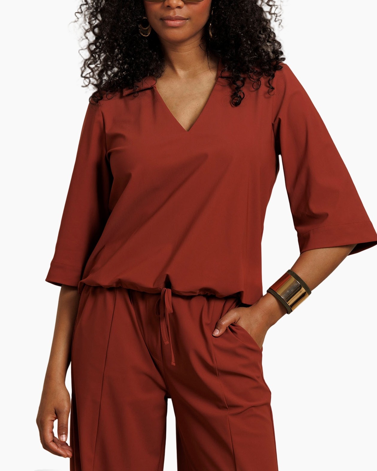 top, pantalon-jumpsuit, broek, rood-bruin, driekwartmouw
