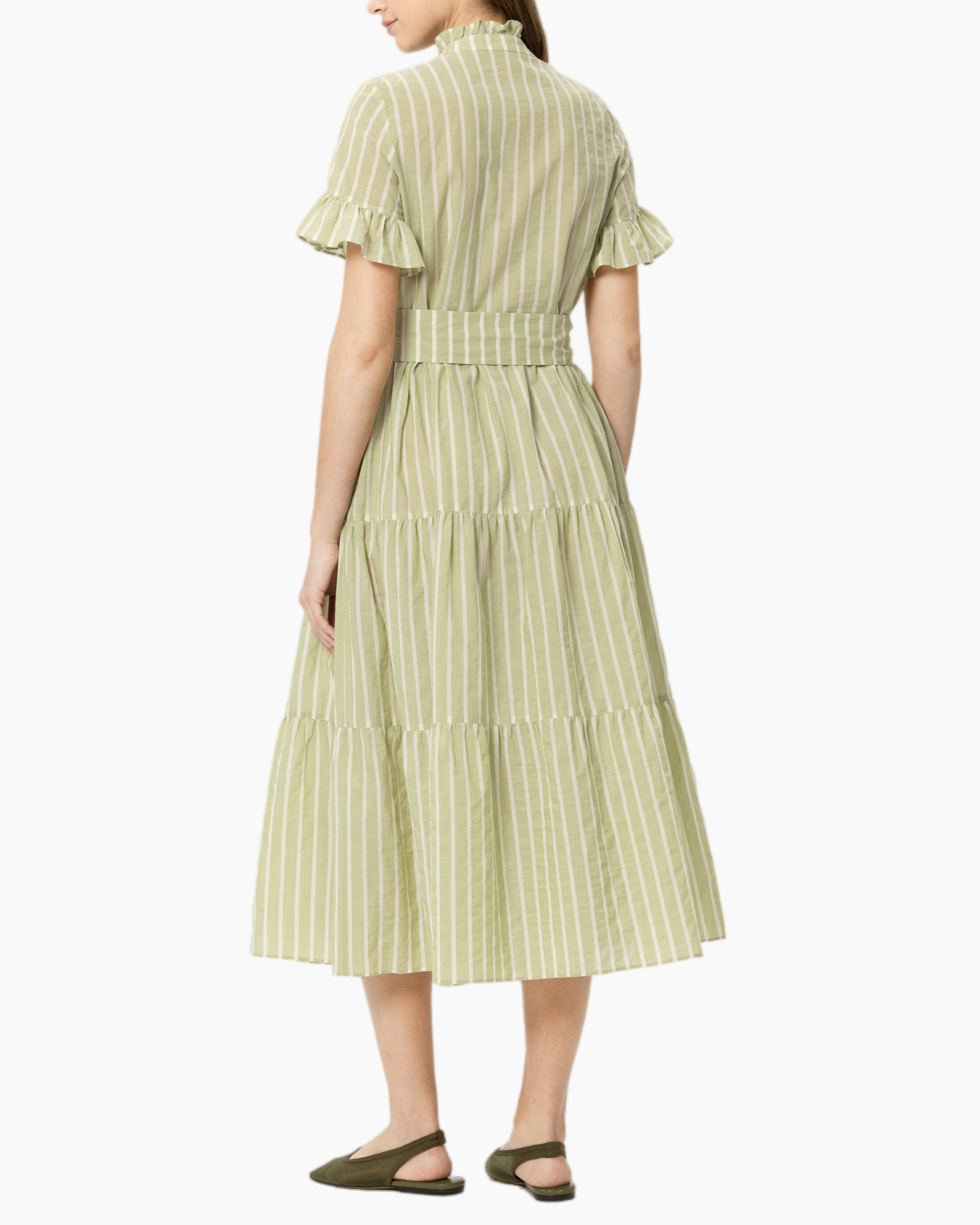 jurk, linnen, groen, gestreept, middellang