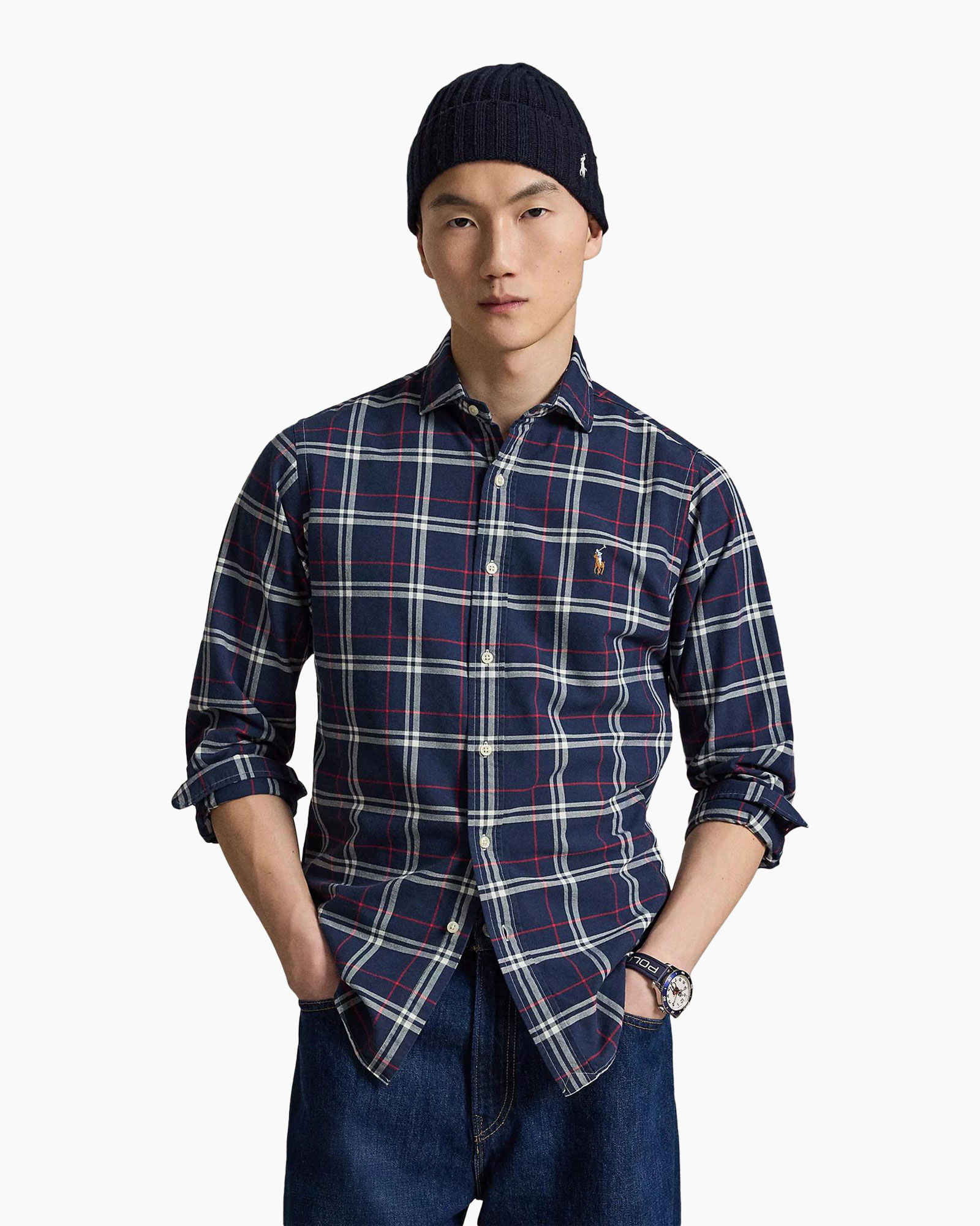 tafellakens patroon, overhemd met knopen, lange mouwen, marineblauw, casual kleding
