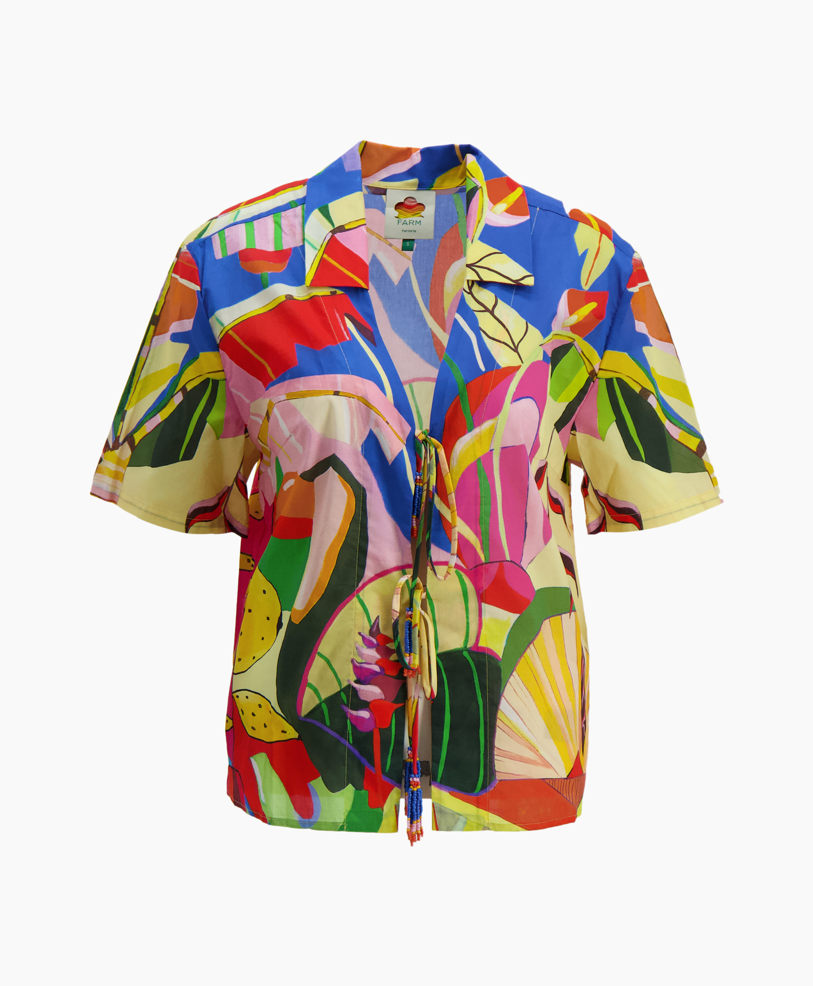 loha shirt, short sleeve, drawstring, colorful print, button-free front