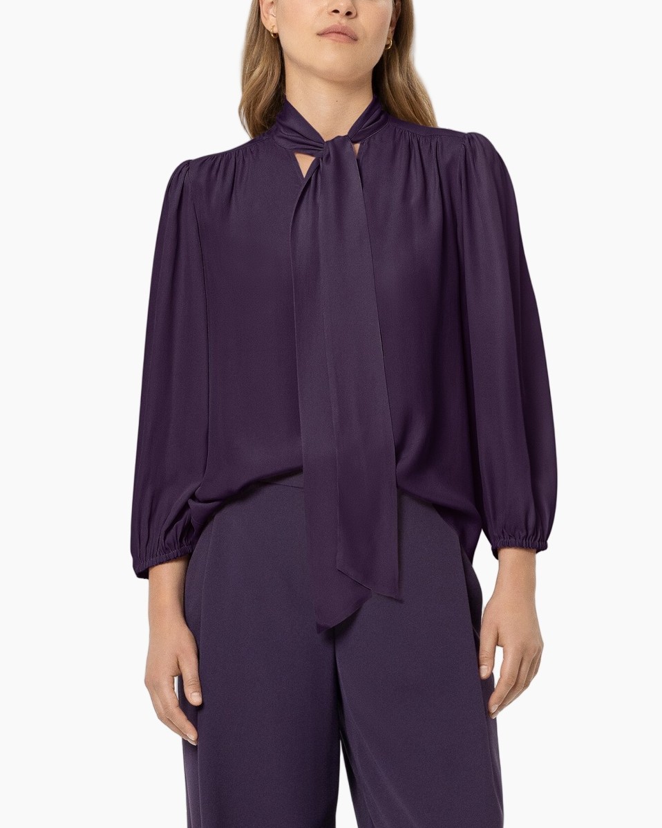 paars blouse, lange mouw, knoopsluiting kraag, pofmouw, effen kleur