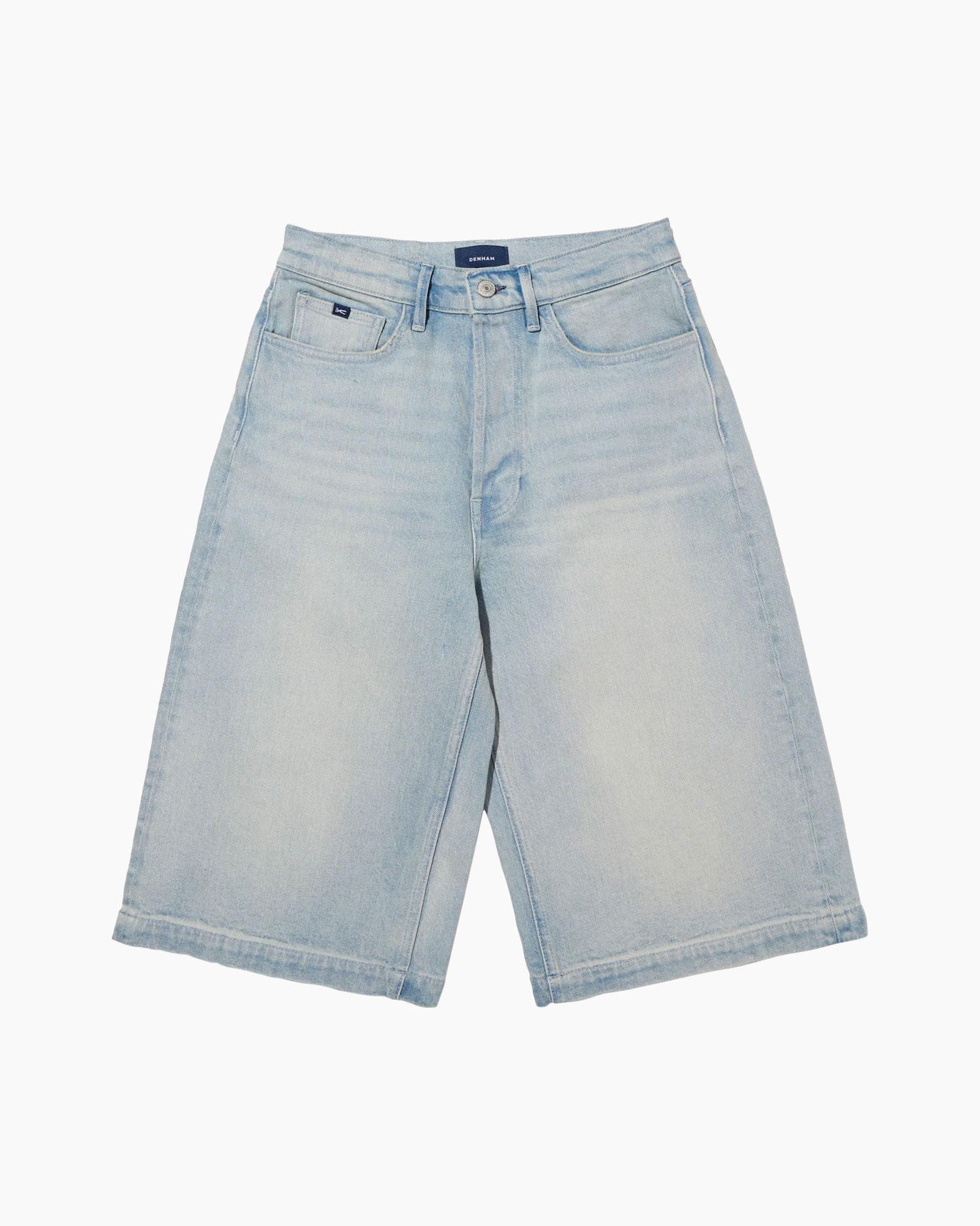 broek shorts van denim, lichte wassing, hoge taille, vijf zakken, knie-lengte