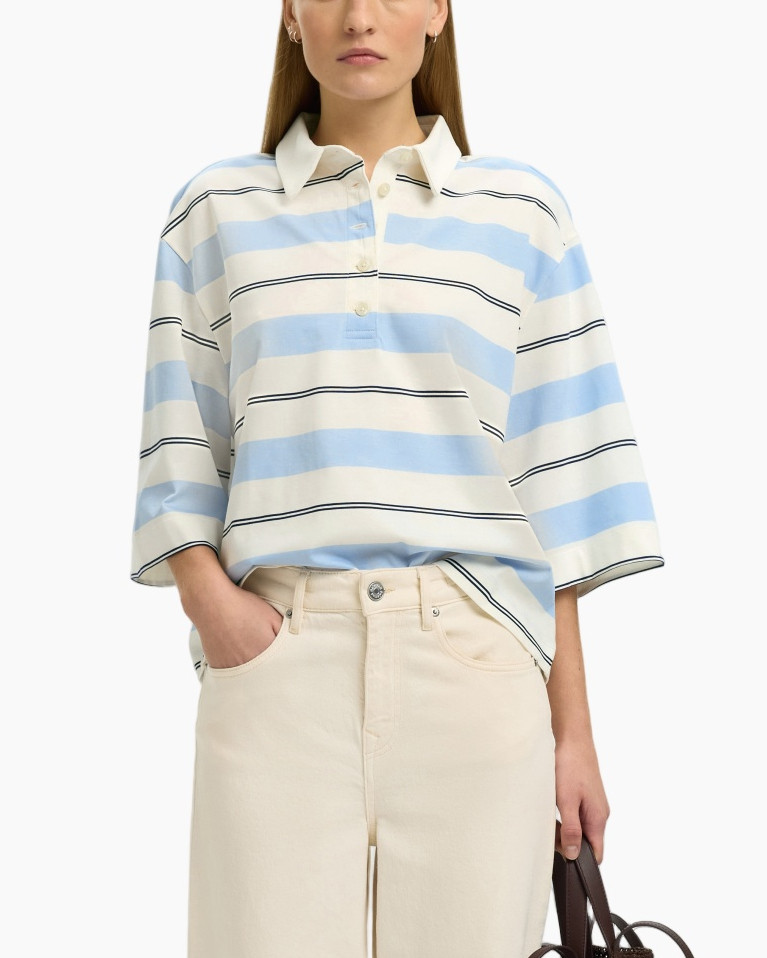 striped polo, blue stripes, polo shirt, long sleeve, cream color