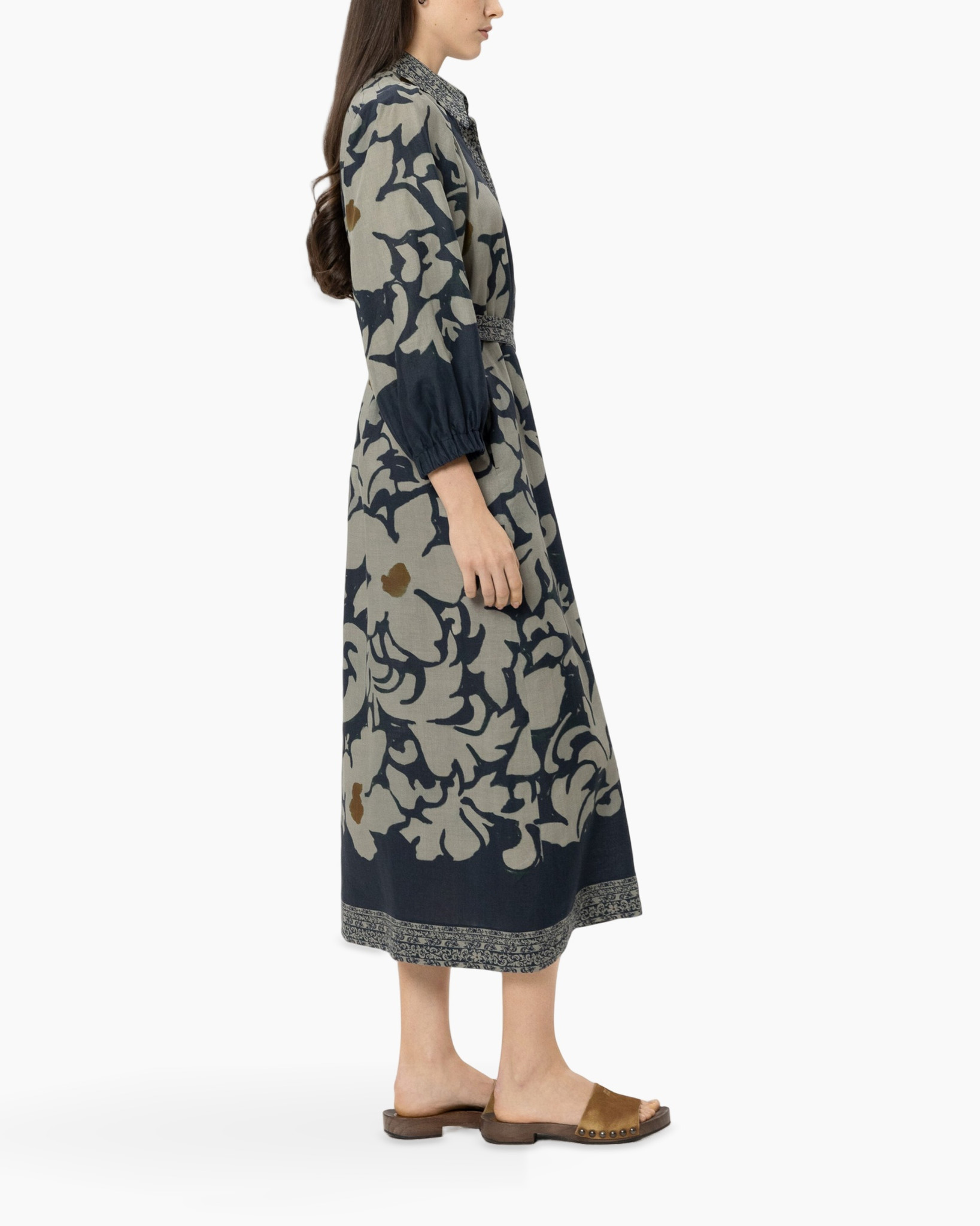 maxi dress, long dress, floral pattern, three-quarter sleeve, belted waist