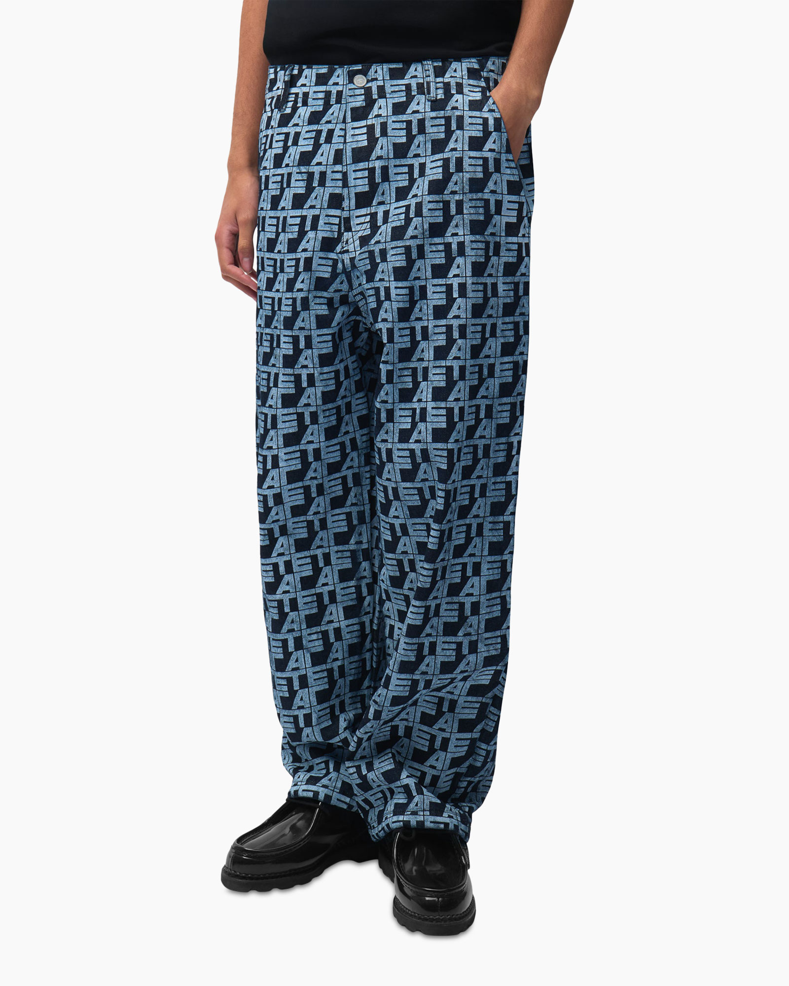 broek, patroon, logo, blauw, loszittend