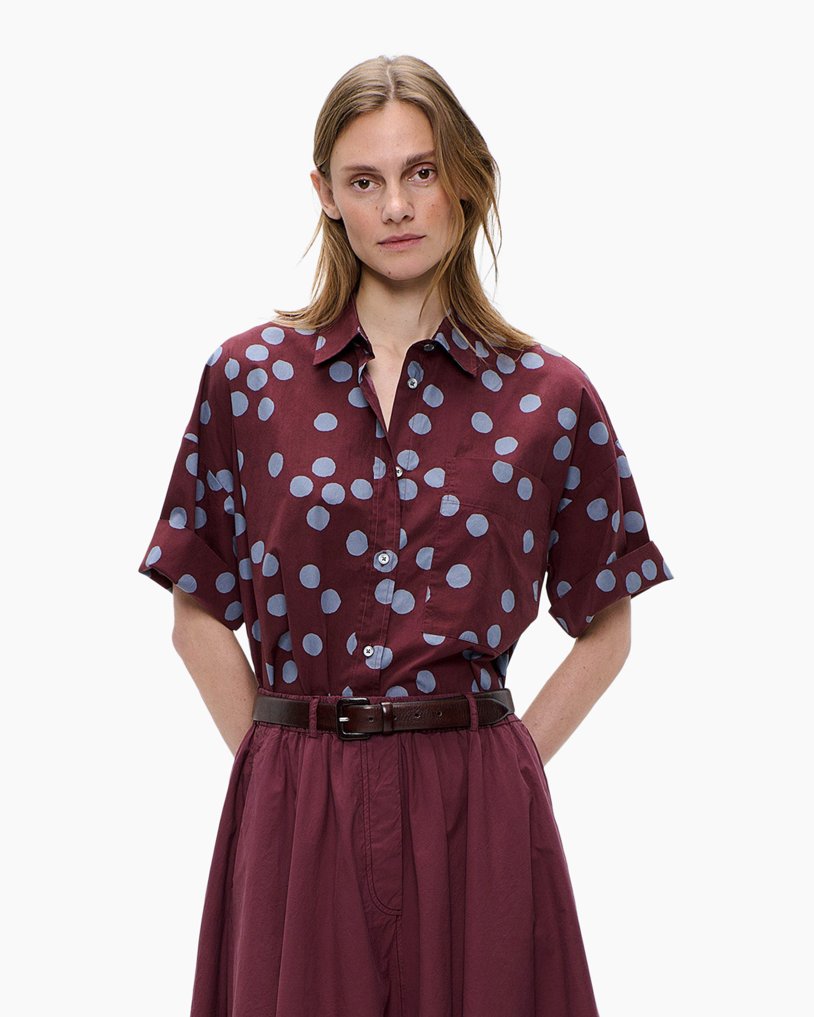 hemd, blouse, polkadot, korte mouw, knopen