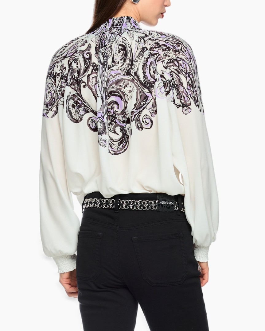 blouse, paisley, lange mouwen, hoge hals, wit