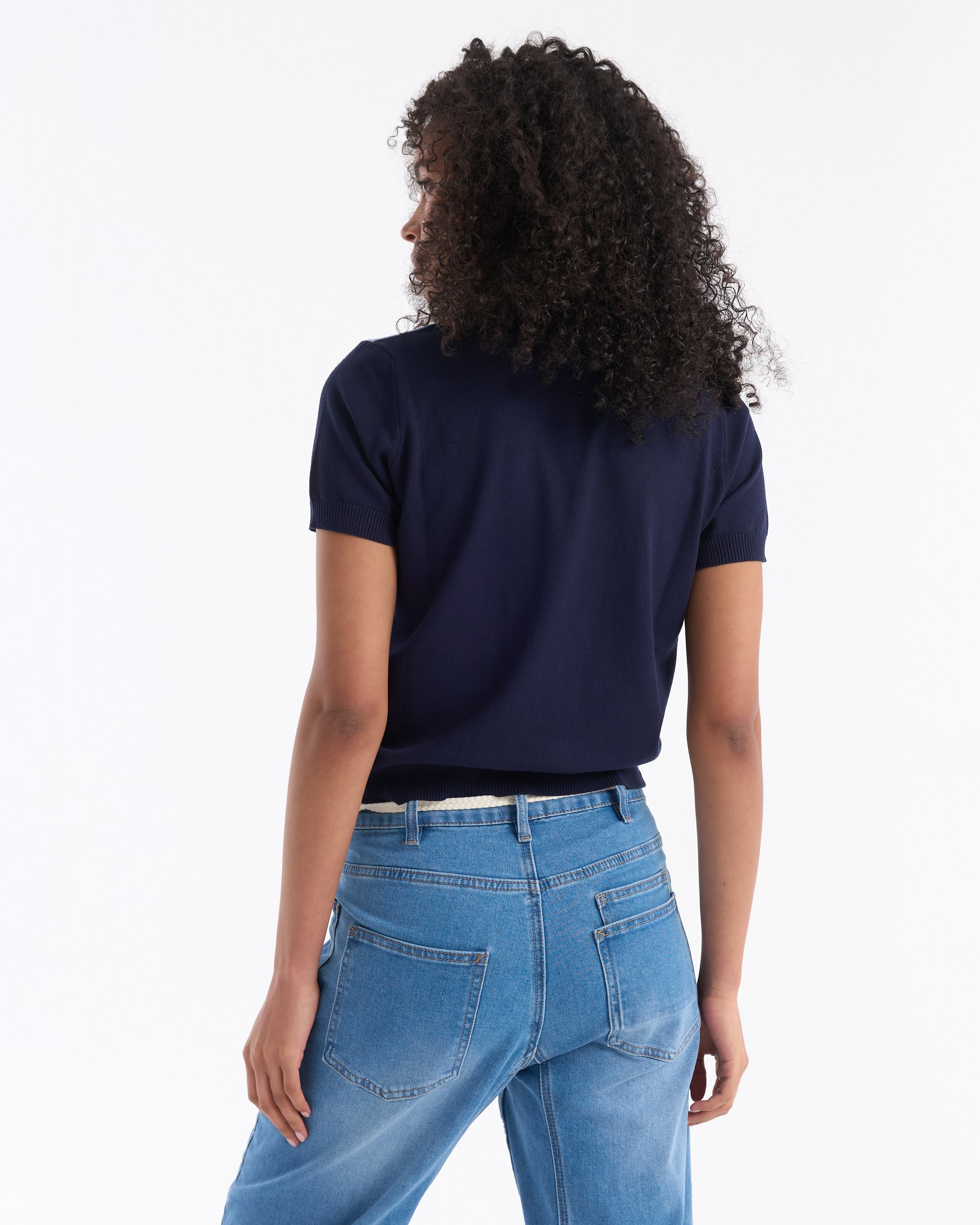 top, navy, korte mouwen, breiwerk, blauwe jeans
