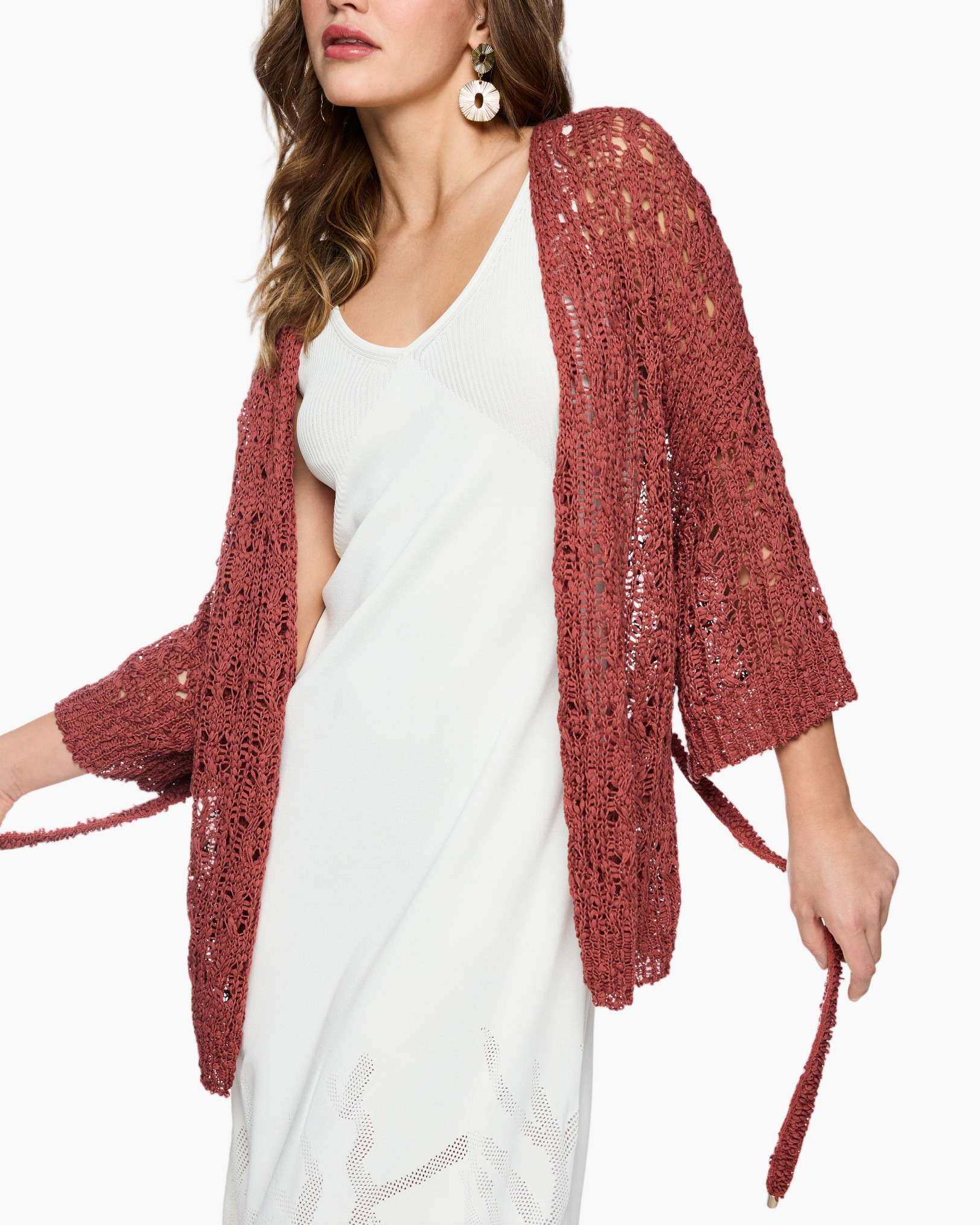 cardigan, crochet, open front, long sleeve, rose red