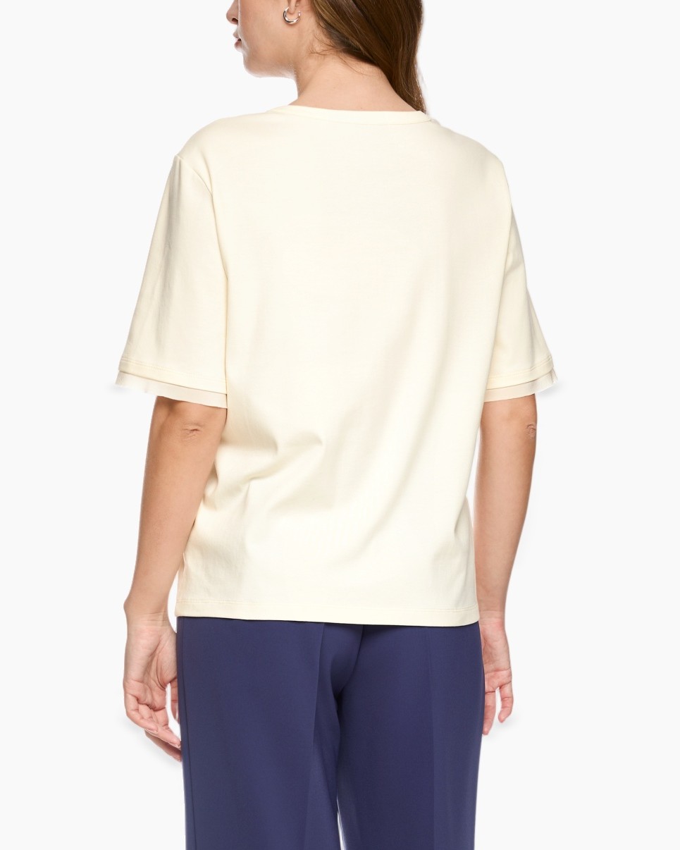 top, blouse, korte mouw, crepe, crème