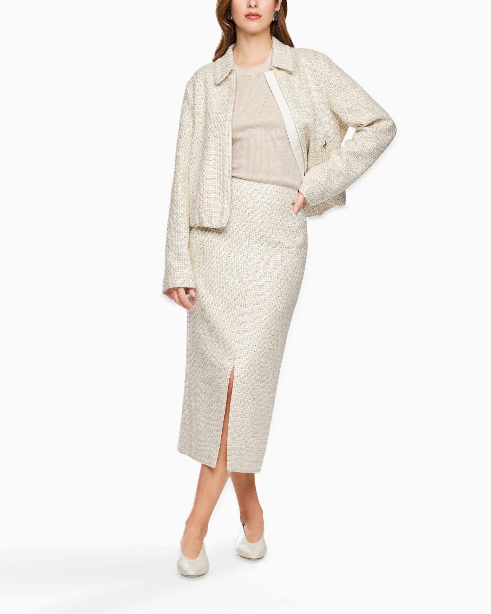 rok, middellengte, split, tweed, jas-set