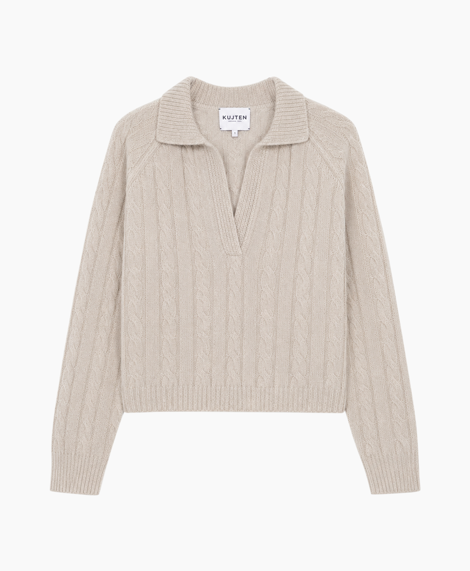 gebreide trui, kabelgebreide, beige, kraag, pullover