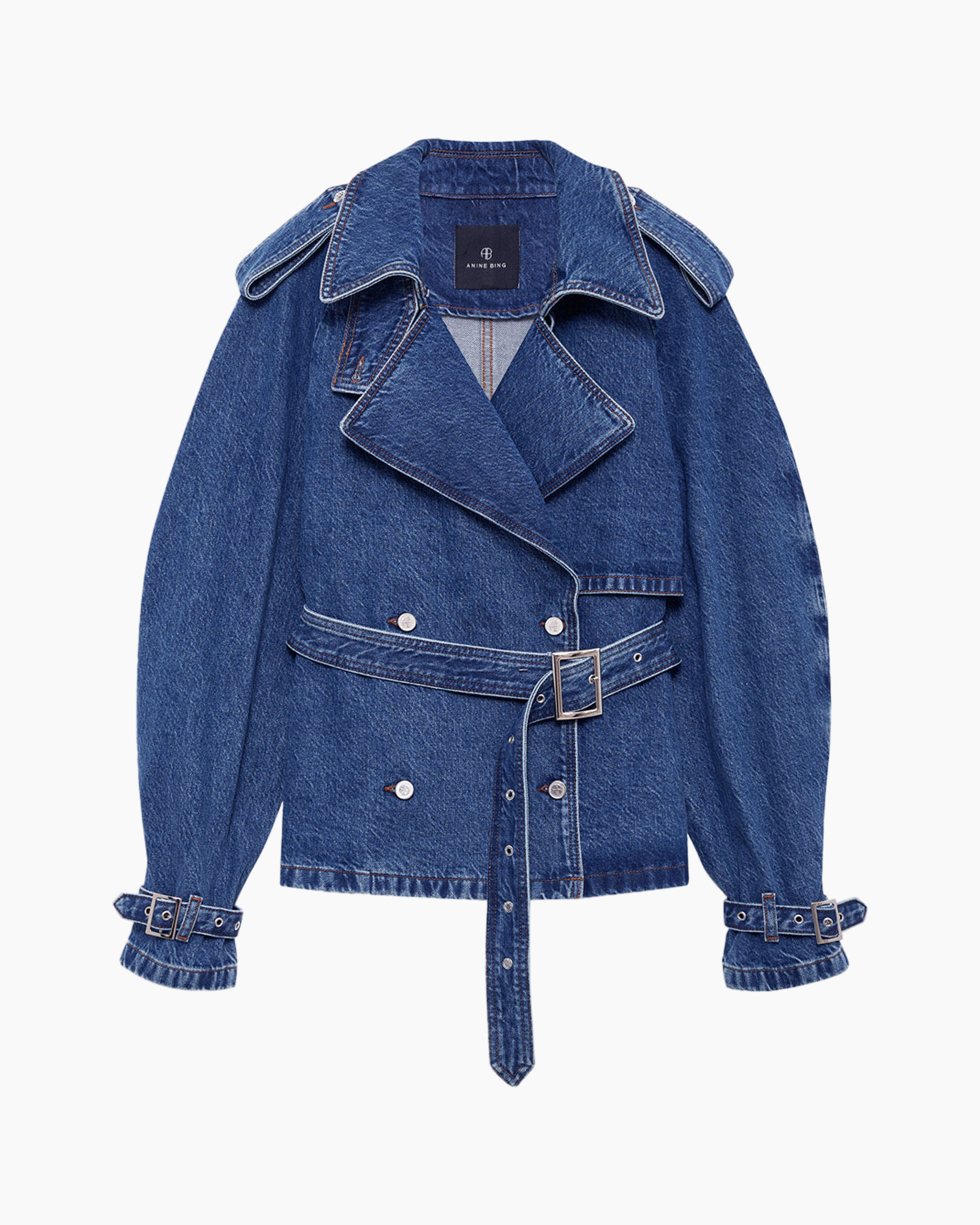 denim, jacket, blauw, riem, dubbelgekraag