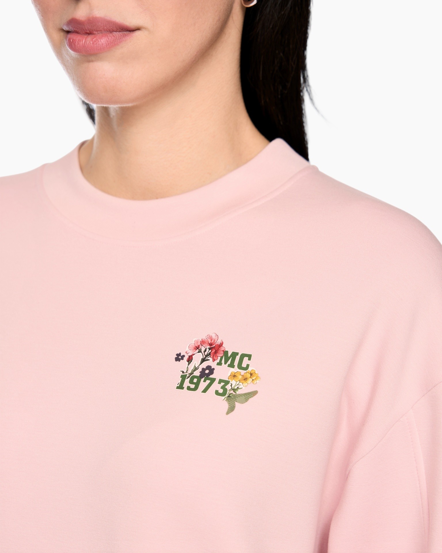 hoodie?, roze, bloemprint, ronde hals, korte tekst