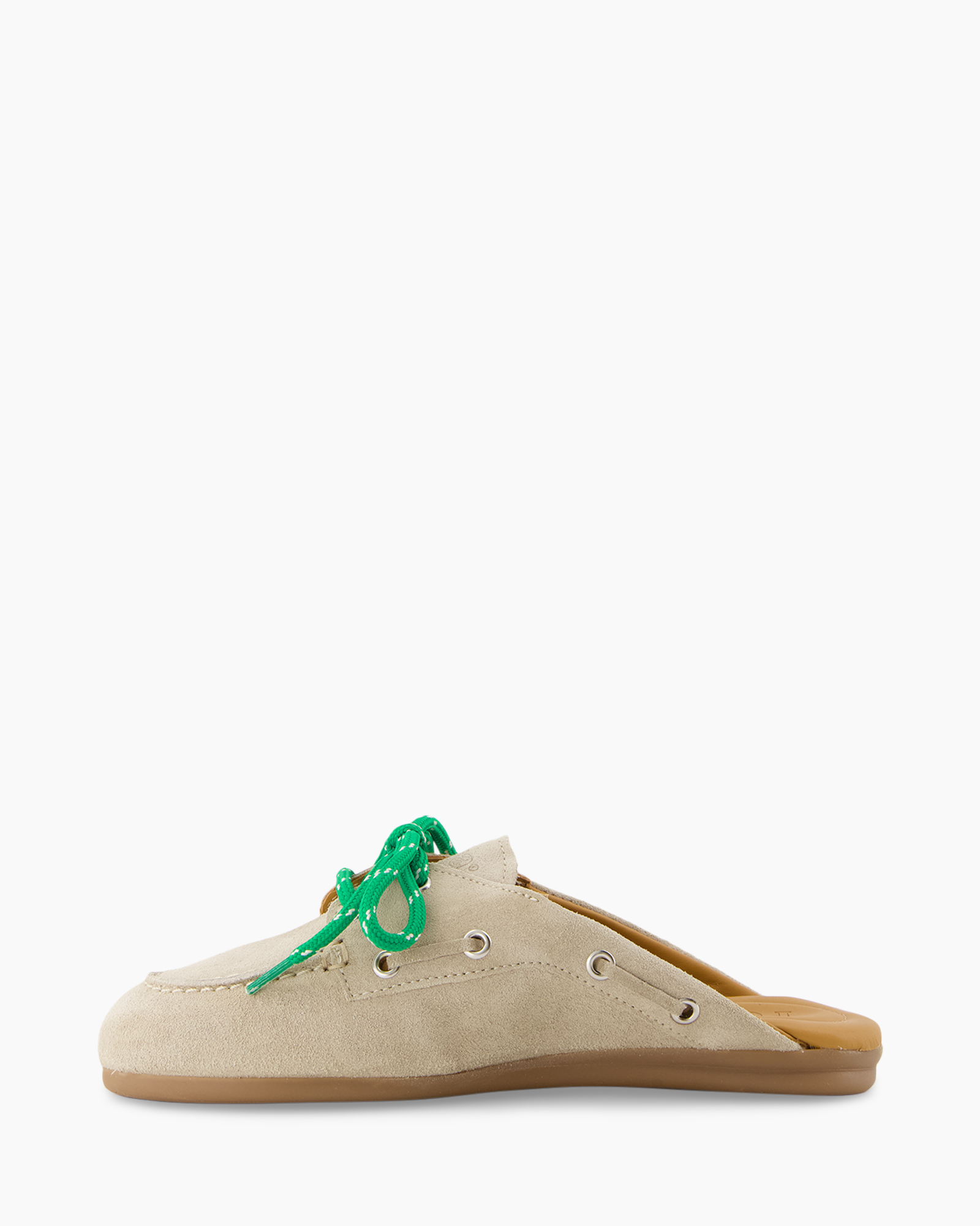 bootsschoen, suede, beige, groene veters, mocassin stijl