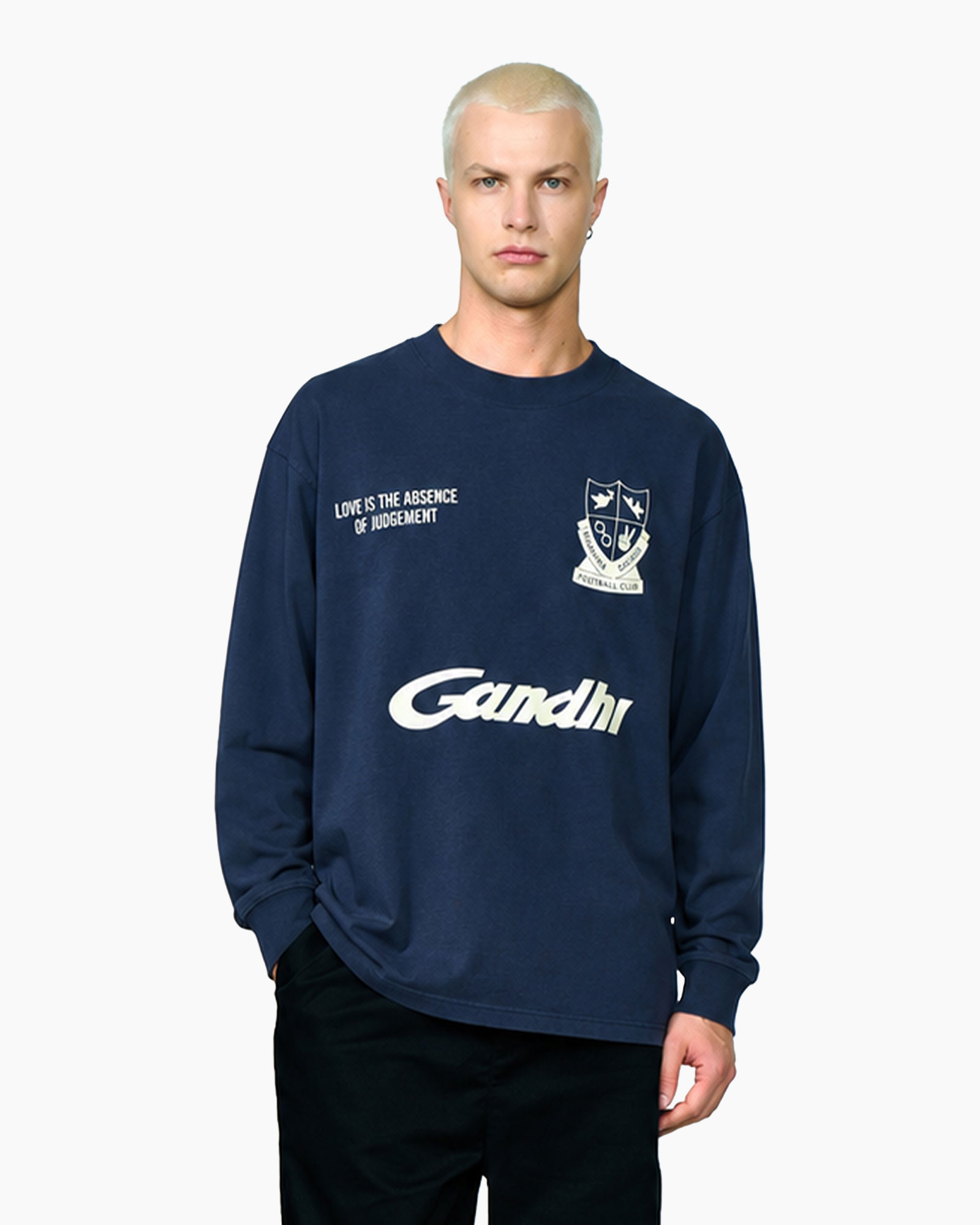 lange mouwen, donkerblauw, rokkenhals, grafisch, logo