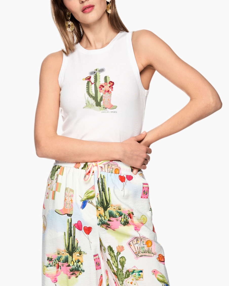tanktop, t-shirt met afbeelding, cactusprint, witte top, cropped pasvorm