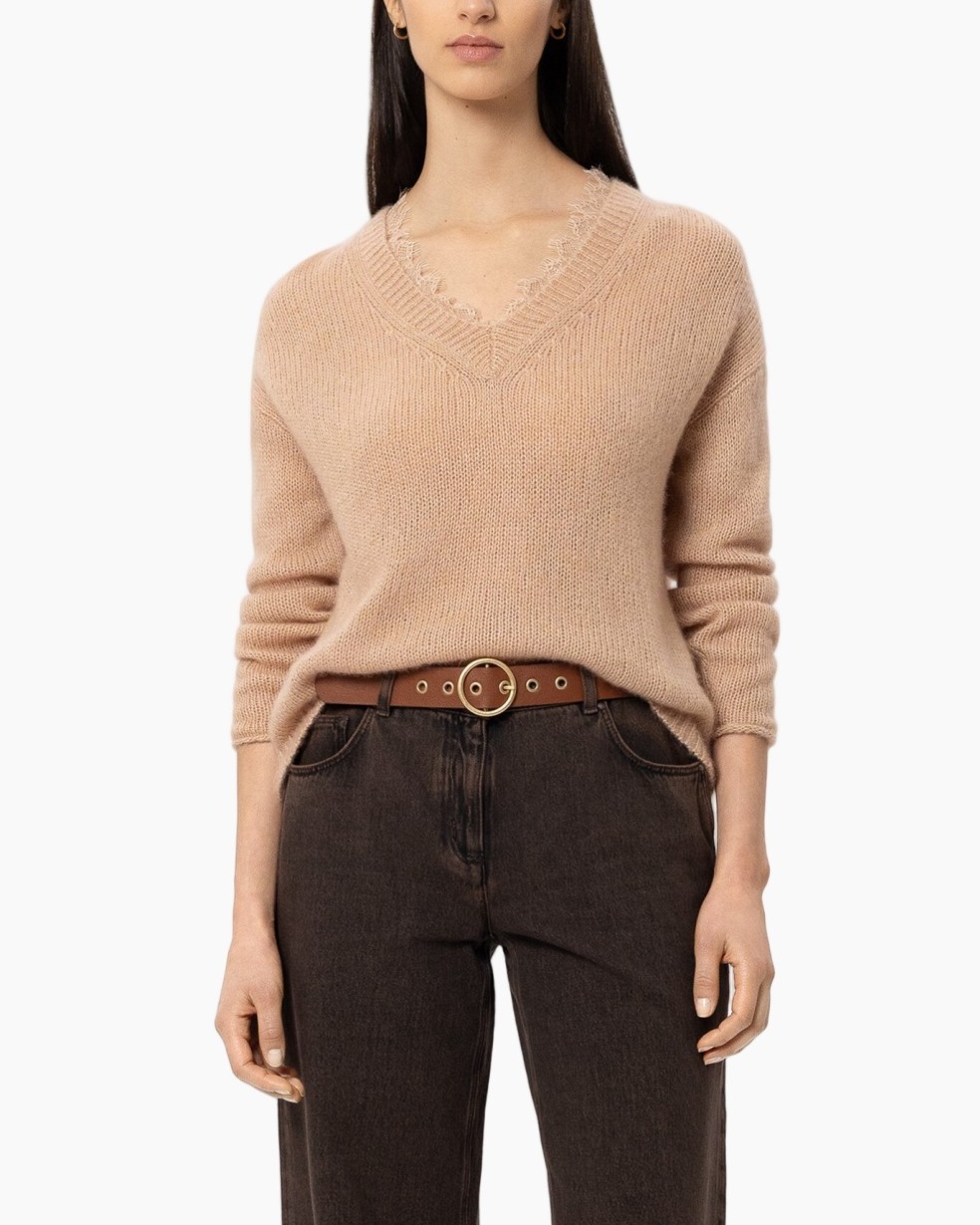 Trui, V-hals,  breit gebreid?, beige, riem