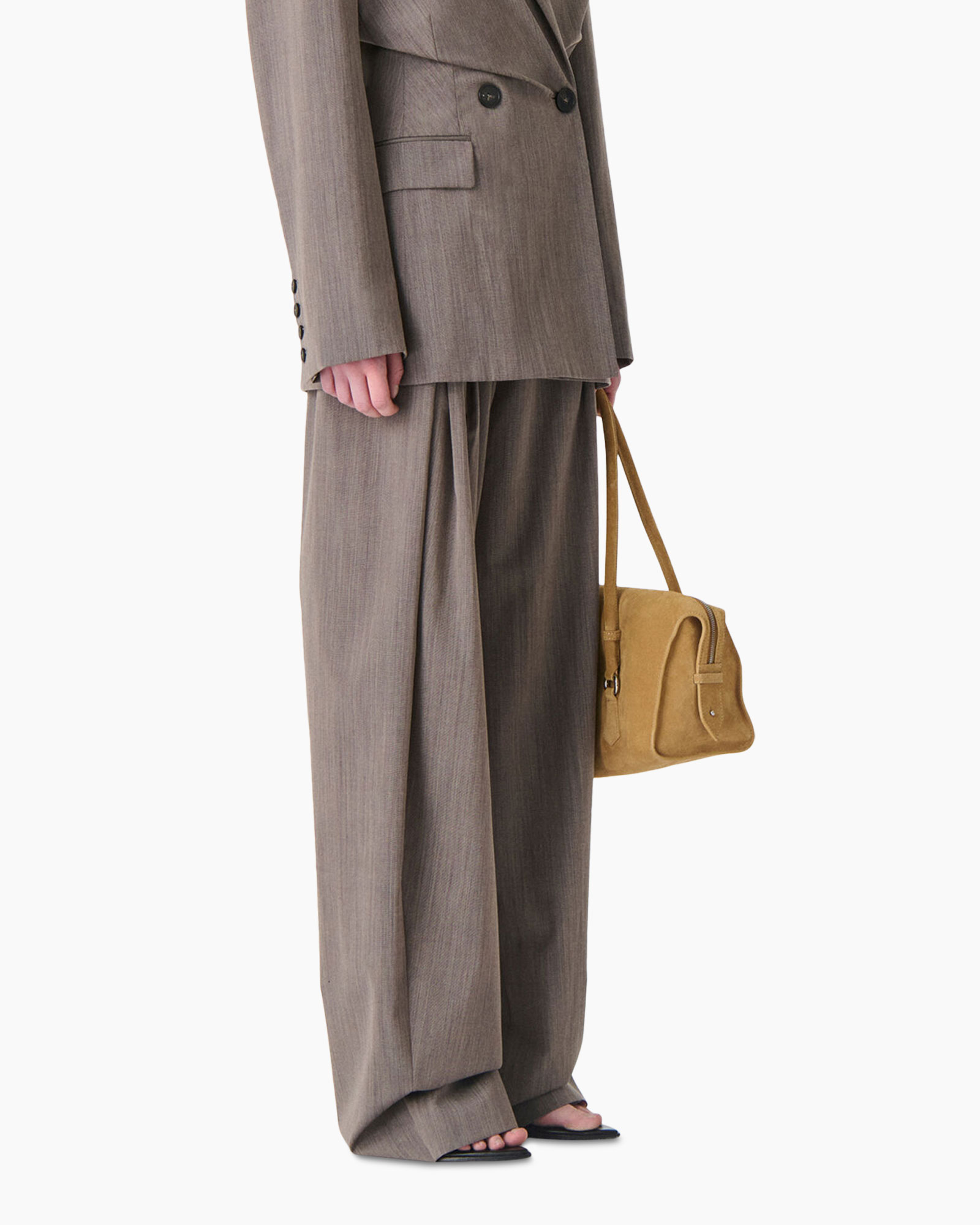 broekpak, broeken, blazer, bruin, tassen
