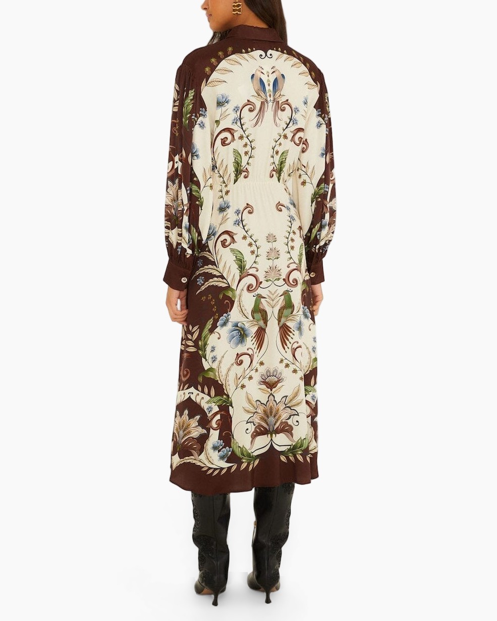 jurk, lange jurk, bloemenprint, knopen voor, riemceintuur