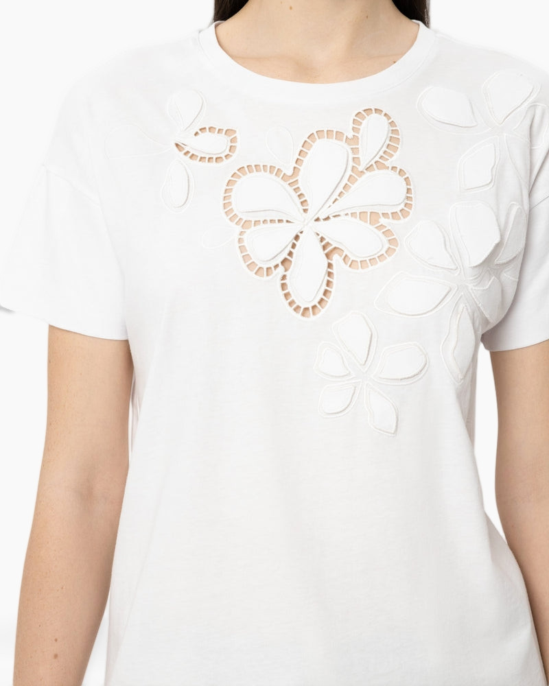 wit shirt, bloemenborduursel, opengewerkte uitsnede, korte mouw, t-shirt