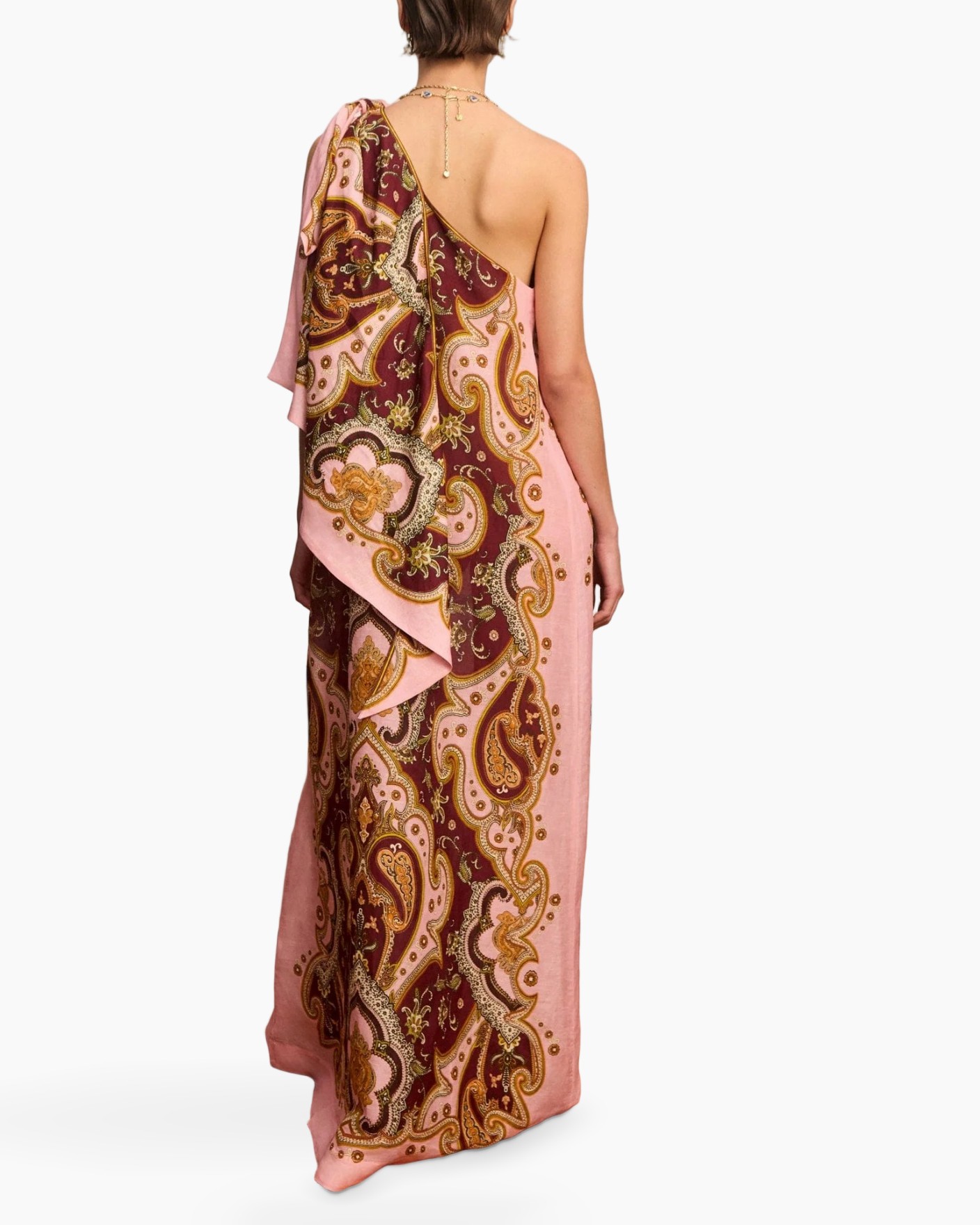 een-schouder, paisley, maxi-jurk, roze-bruin, wrap-jurk