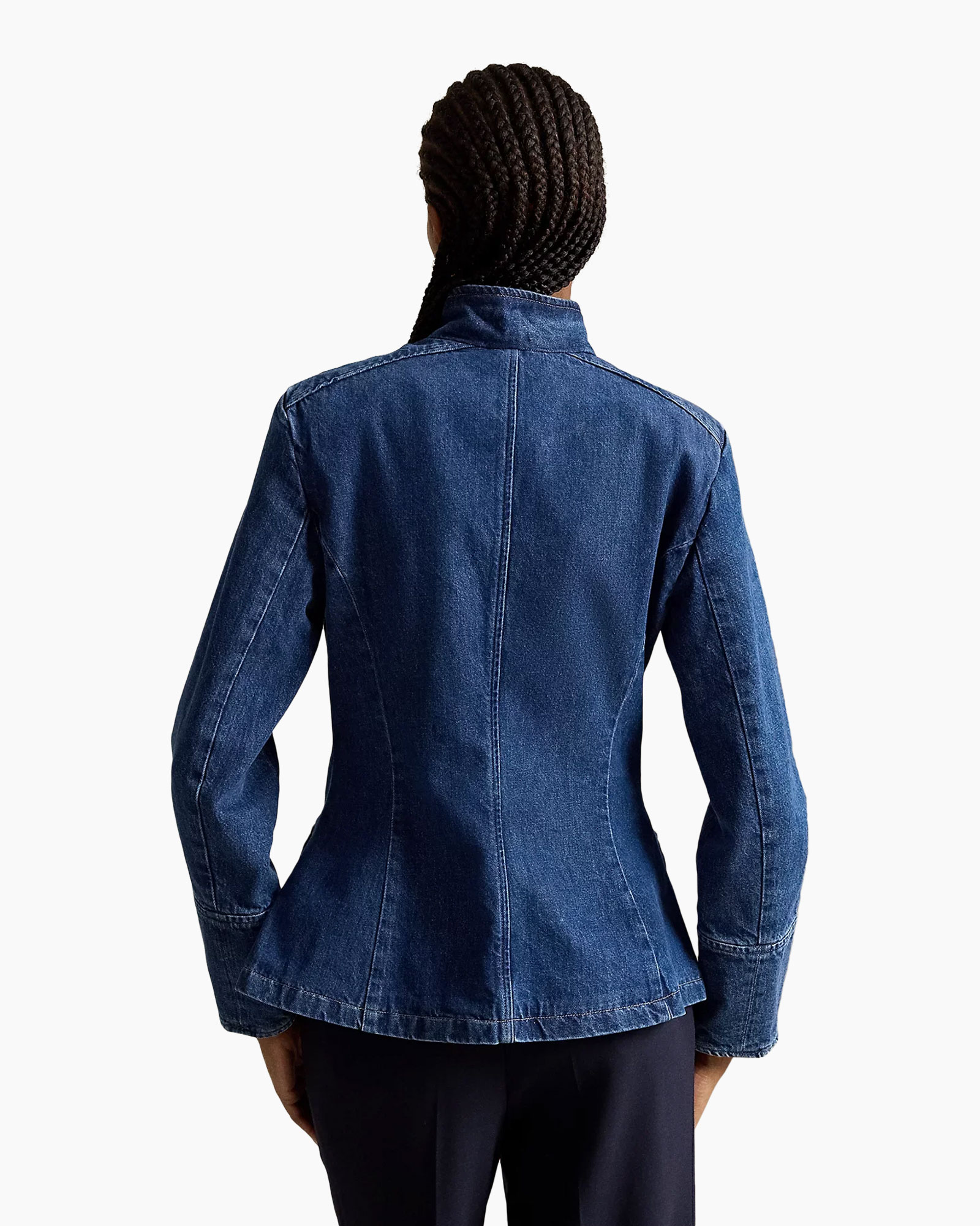 jasje van denim, spijkerjasje, achterkant, blauw denim, stiksels"