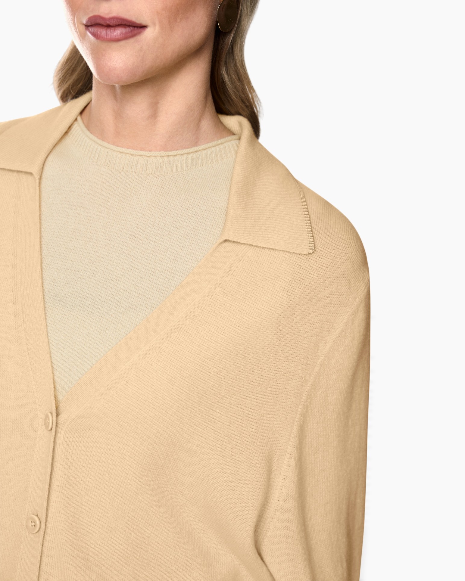 cardigan, beige, breipensknit, kraag, knopen