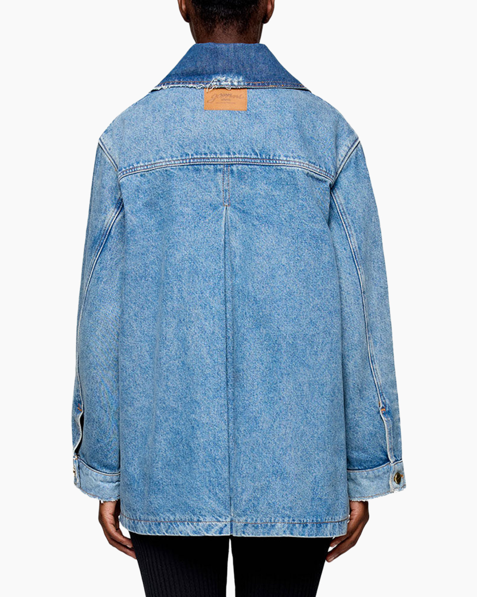 denim jacket, blue denim, front pockets, metal buttons, oversized fit