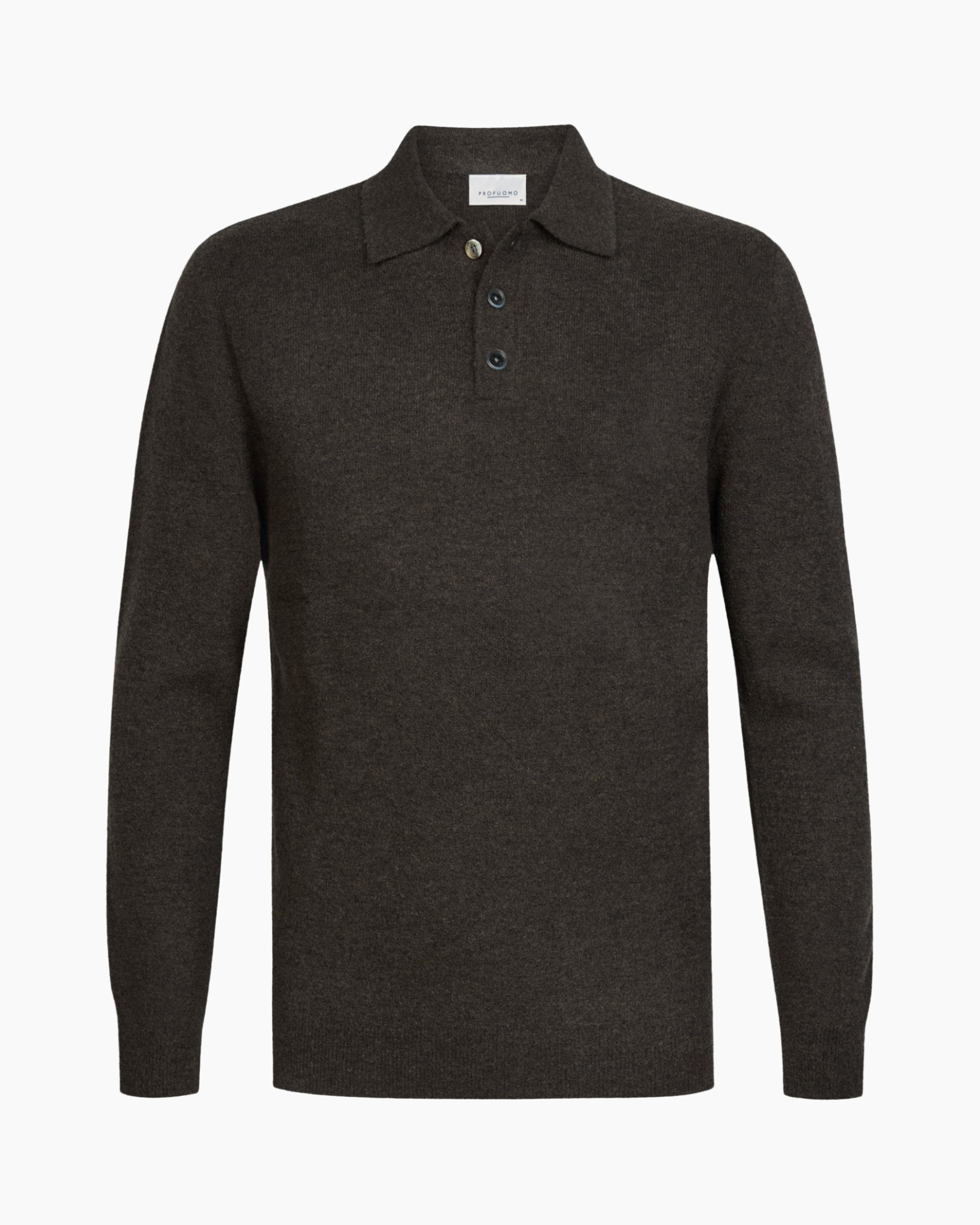 pullover, lange mouw, polo kraag, brei, donkerbruin